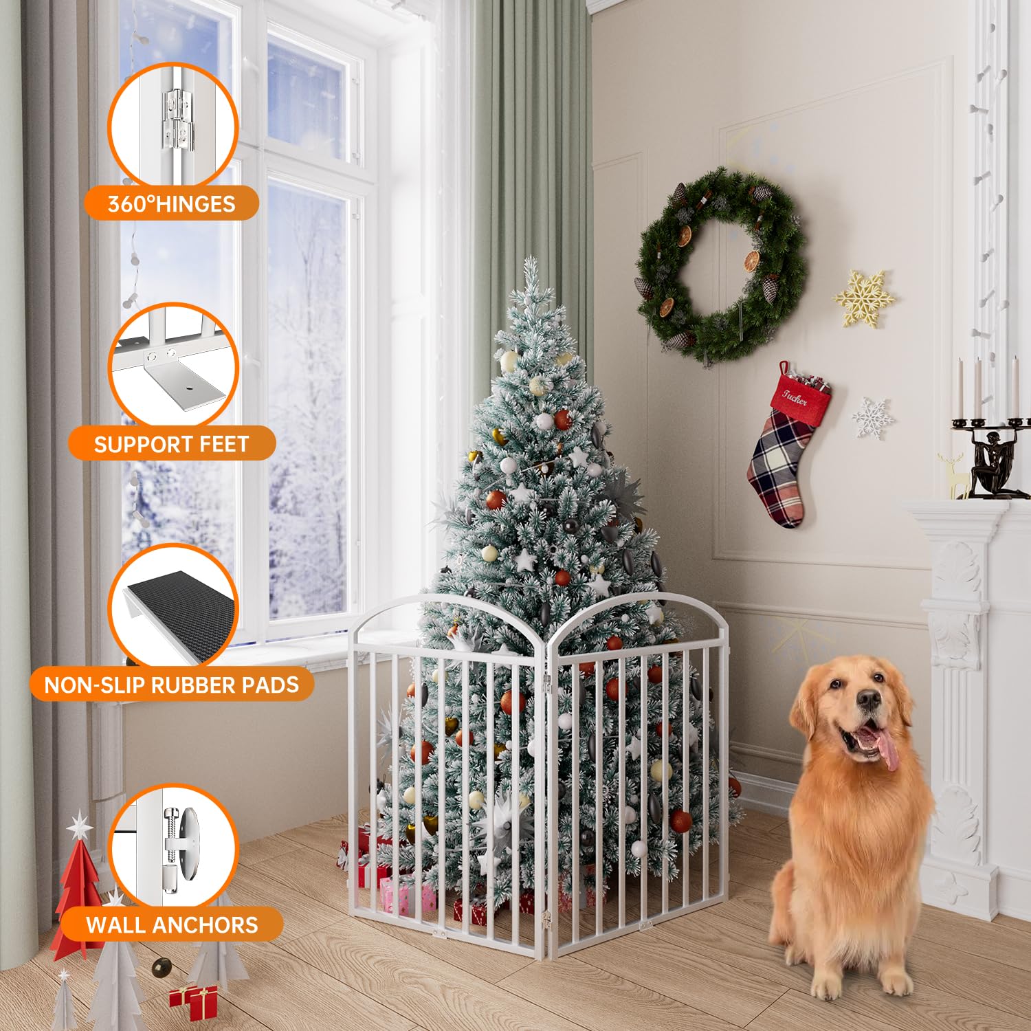 SNUOWU 2 Panels Full Matel Freestanding Dog Gates with Door, 48"Extra Wide 32"Tall Free Standing Dog Pet Gate for Indoor & Outdoor. Foldable Pet Fences for Doorways, House, Stairs, Porch, Deck, Yard