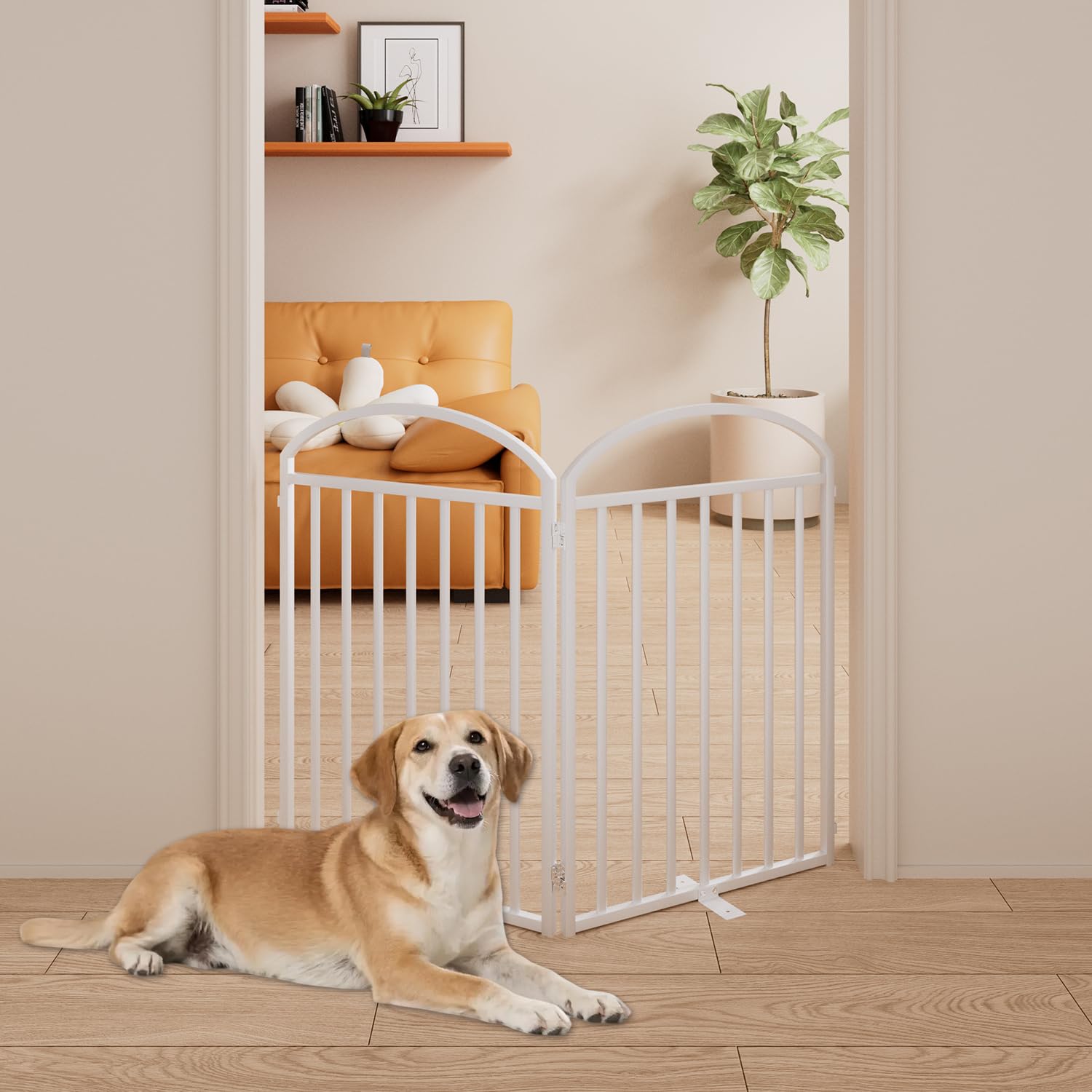 SNUOWU 2 Panels Full Matel Freestanding Dog Gates with Door, 48"Extra Wide 32"Tall Free Standing Dog Pet Gate for Indoor & Outdoor. Foldable Pet Fences for Doorways, House, Stairs, Porch, Deck, Yard