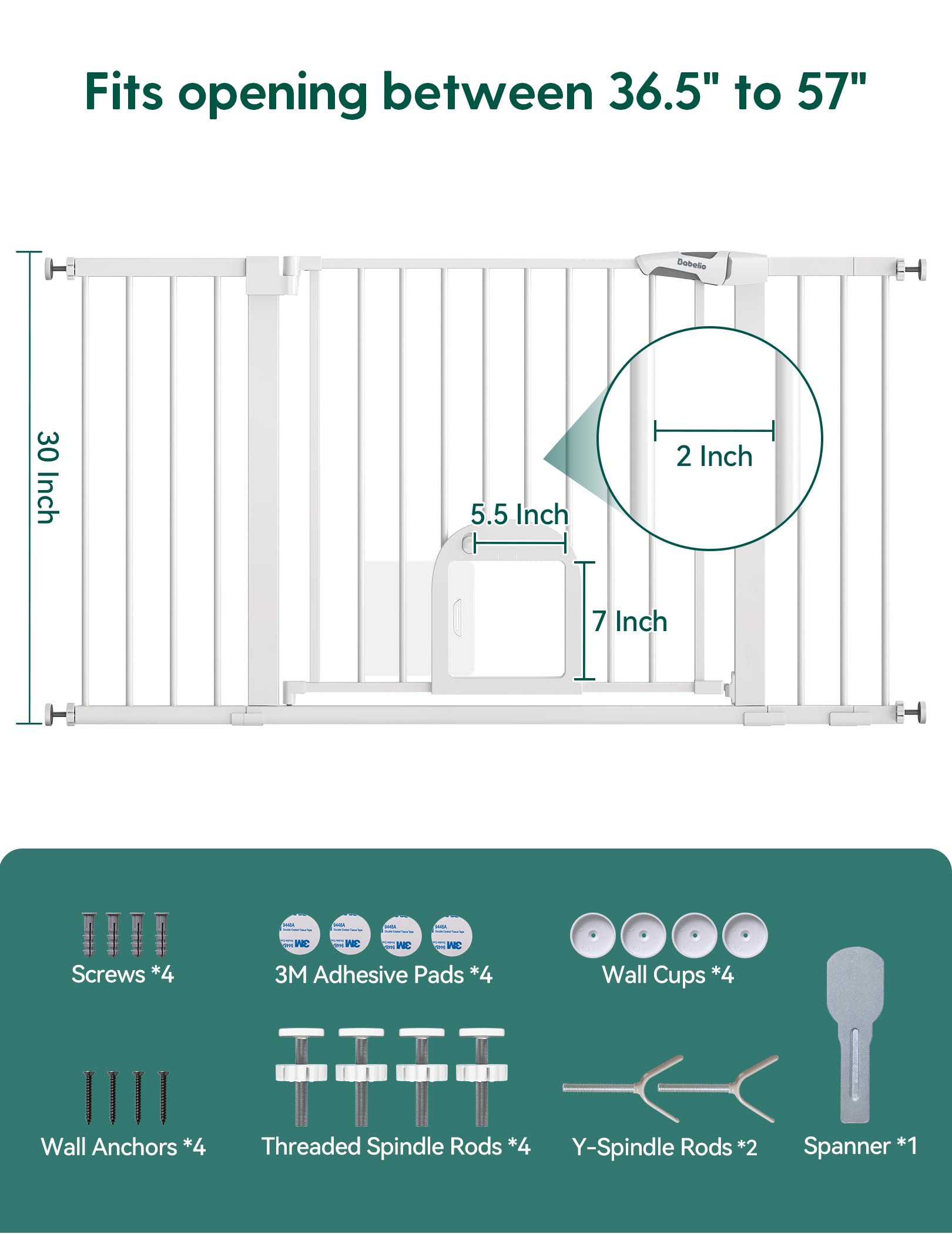 Babelio 36.5-57" Extra Wide Baby Gate with Cat Door,Auto Close&Two Way Swing,Pressure Mounted Dog Gates for Stairs,Doorways,Includes 4 Wall Cups and 3 Extension Pieces,White
