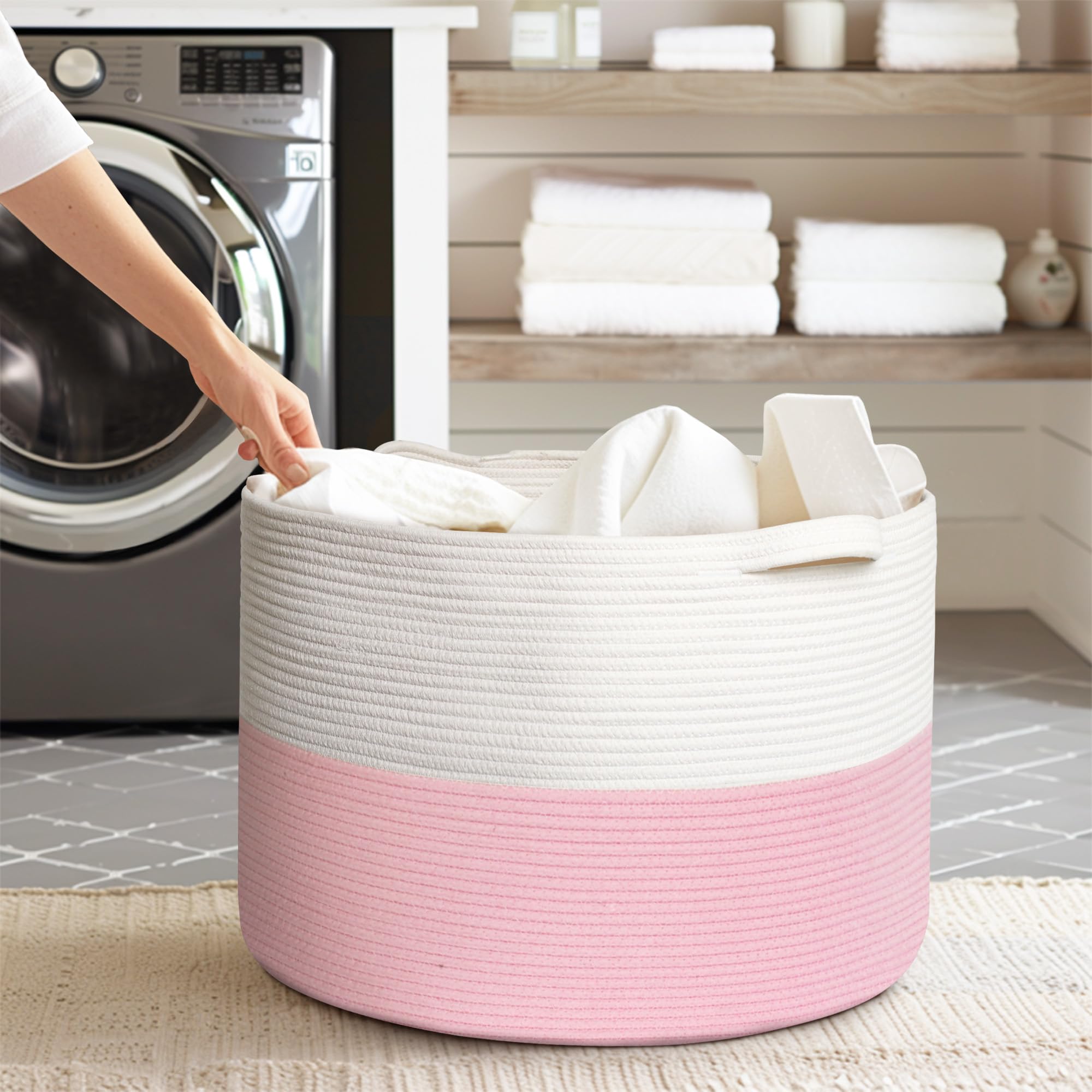 HONCESTA Extra Large Pink Cotton Rope Storage Basket — 22x22x14 in