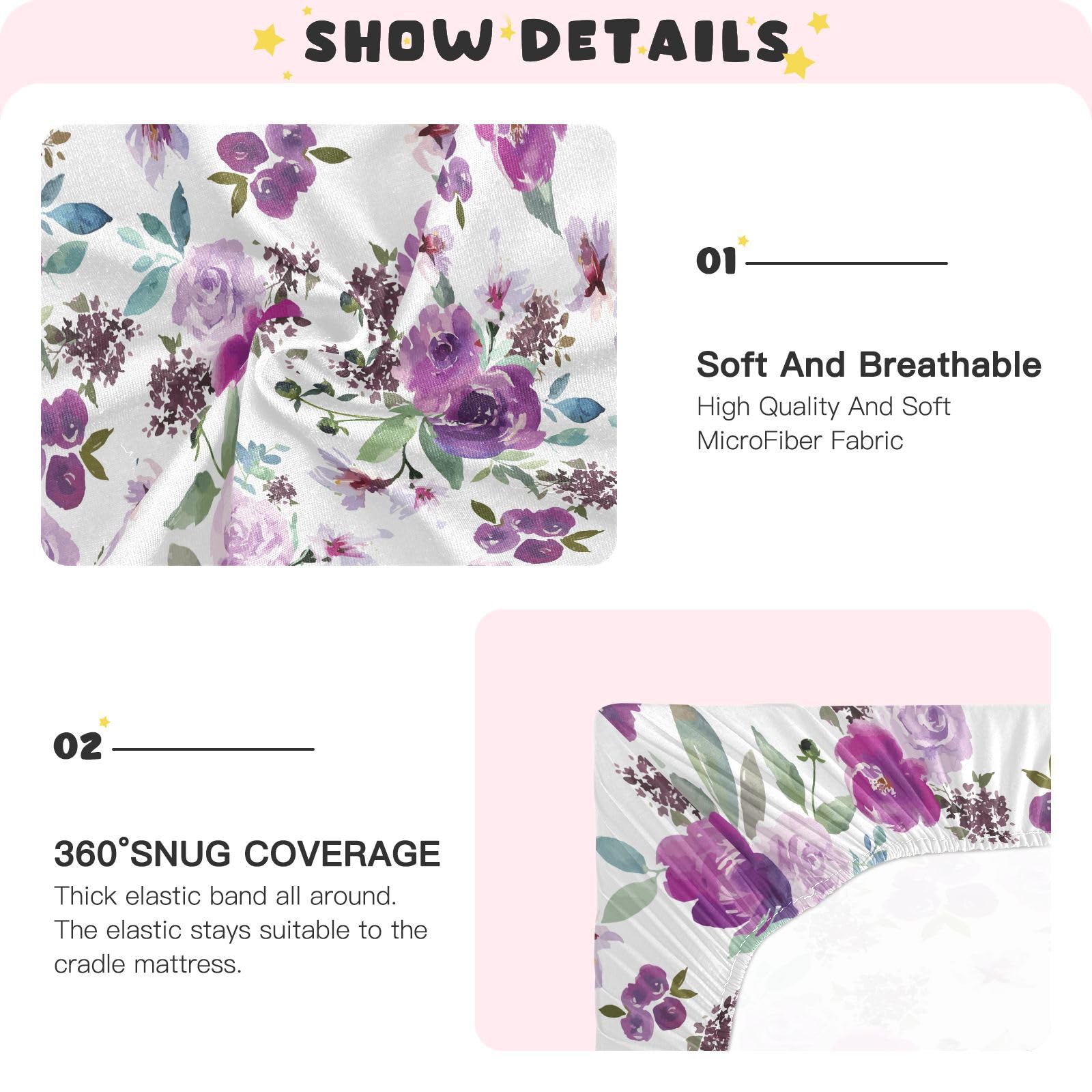 CaTaKu Crib Sheets for Girls & Boys - Purple Flower Farmhouse Pattern, Neutral Toddler & Mini Crib Mattress Sheets, Fitted for Nursery Bed - 27"x 39"