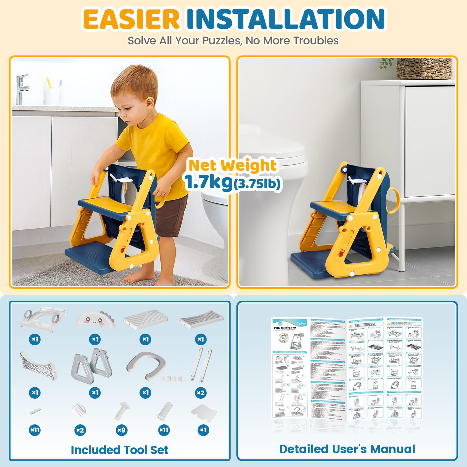Potty Training Toilet, 2-IN-1 Toddler Potty Training Seats for Kids Baby Infant Boys Girls, Adjustable Potty Seat with ladder, Splash Guard, Anti-Slip Pad and Safety Handle, Blue Yellow