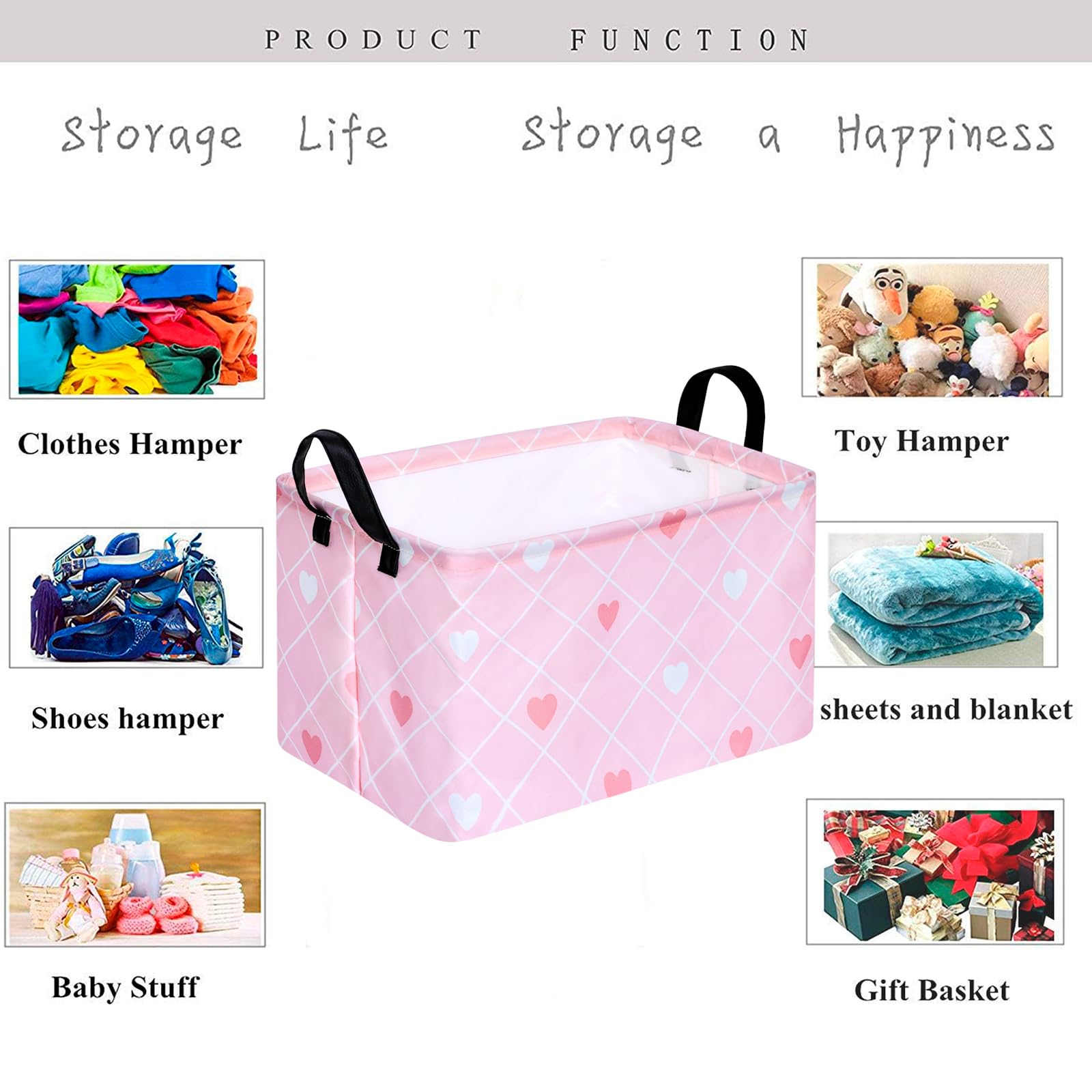 KUNRO Rectang Heart Valentine's Storage Basket Gift Shelf Basket Storage Bin, Nursery Basket Organizer Box for With Handles for Room Deco