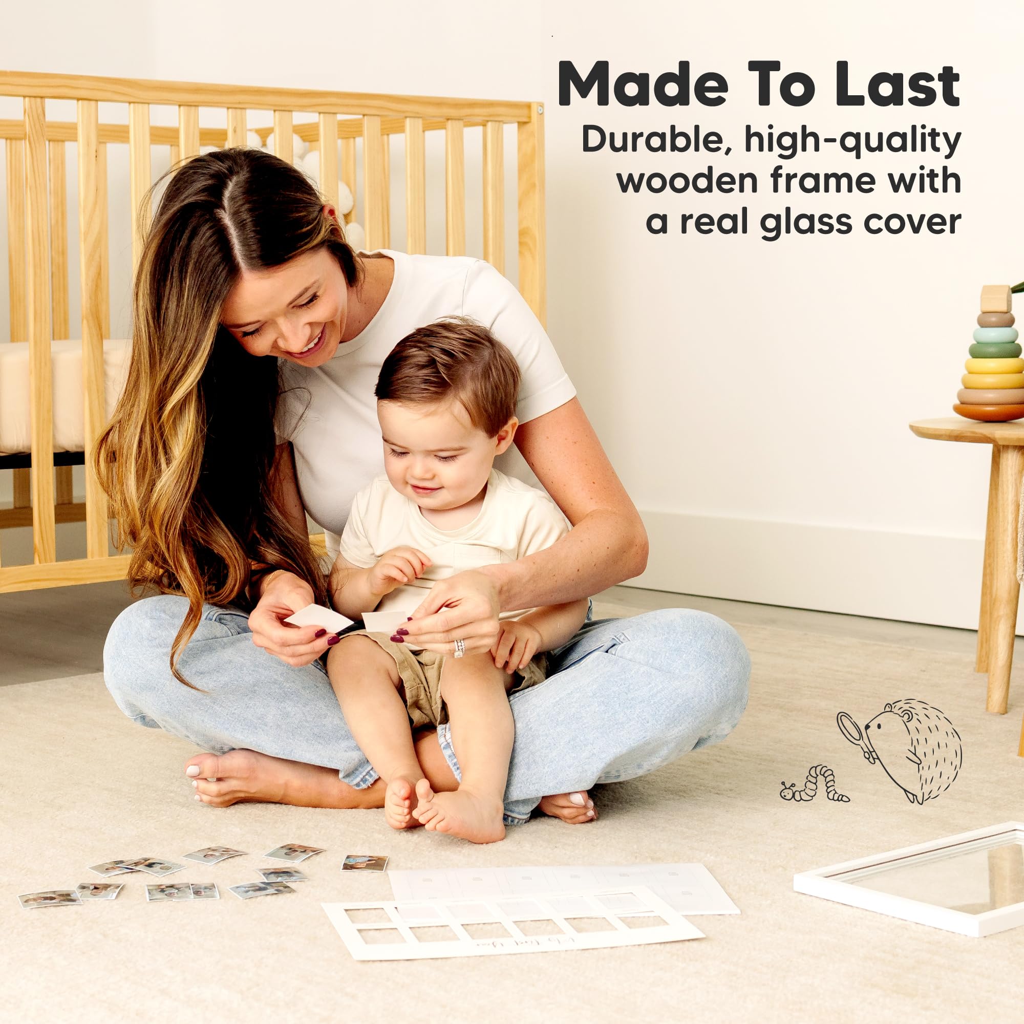 KeaBabies monthly photo inserts arrange milestones in a clean Alpine White layout.