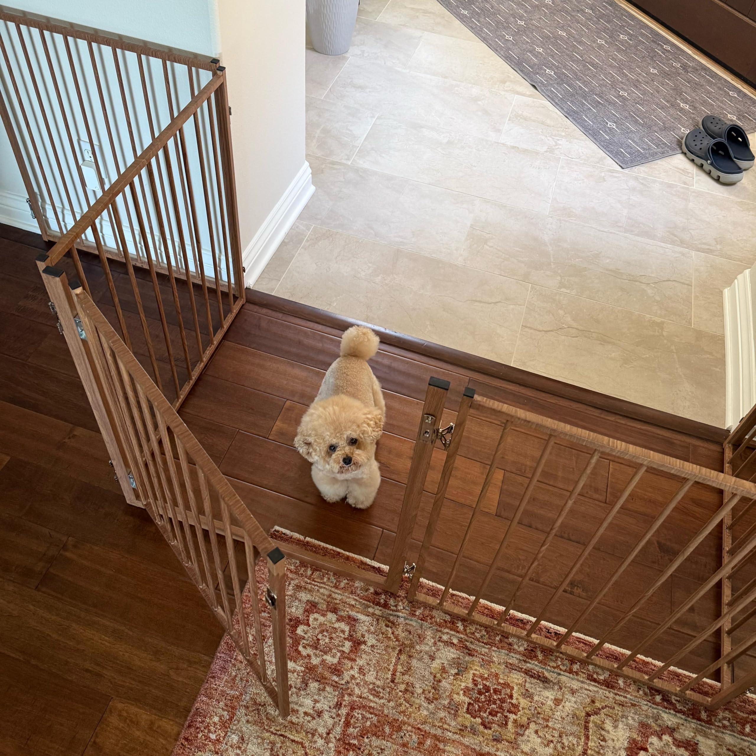No Pawblems Free Standing Dog Gate with Door – 30'' Tall, 3-Panel Wood Pattern, Up to 78'' Wide