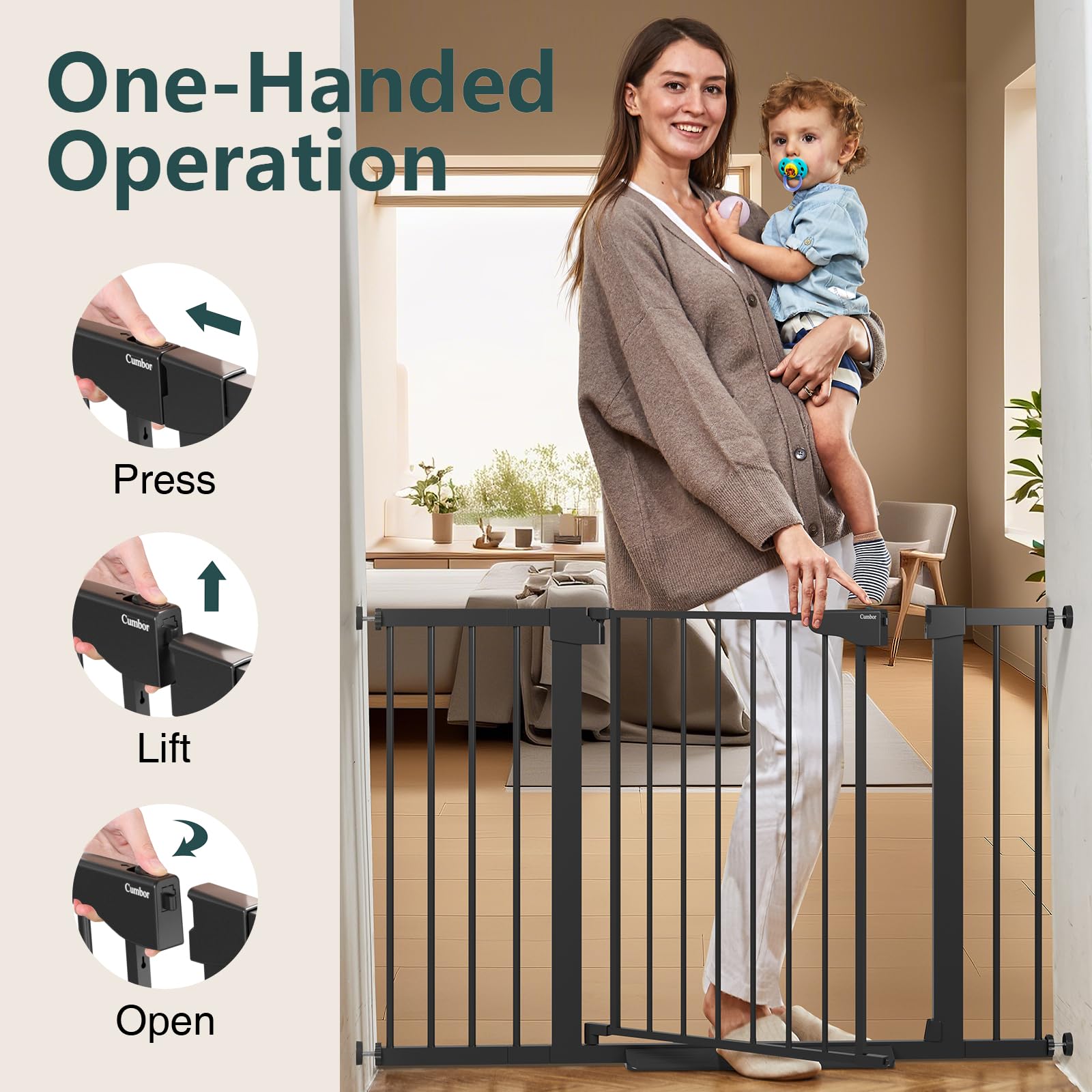 Cumbor 29.7-48 inch Baby Gate for Stairs - Auto-Close Walk-Through Door, Mom's Choice Award Winner