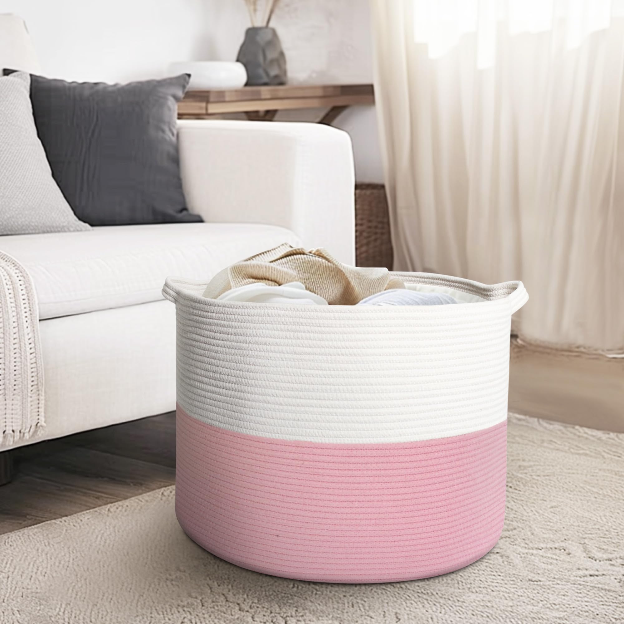 HONCESTA Extra Large Pink Cotton Rope Storage Basket — 22x22x14 in