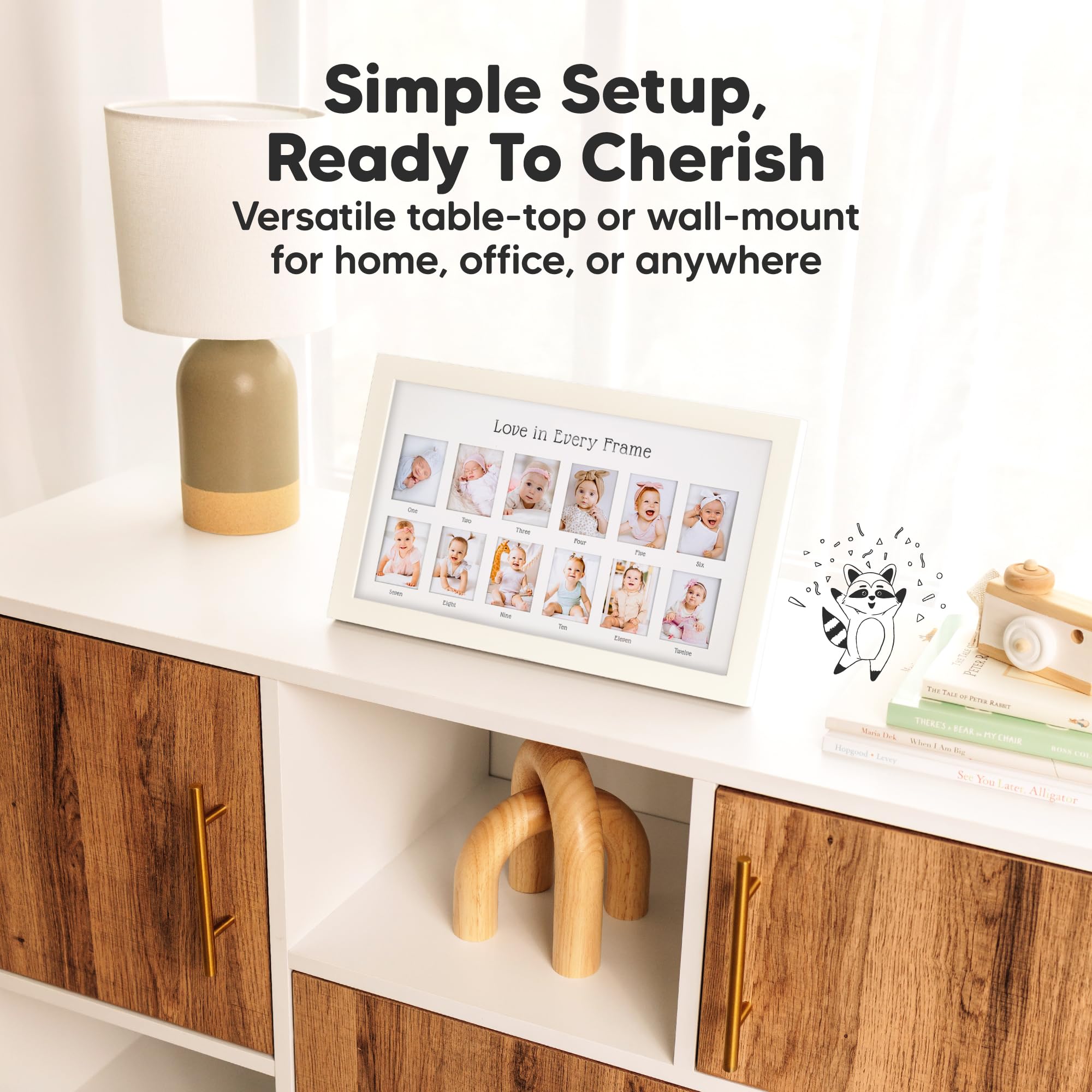 KeaBabies tabletop display on a dresser for easy photo viewing.