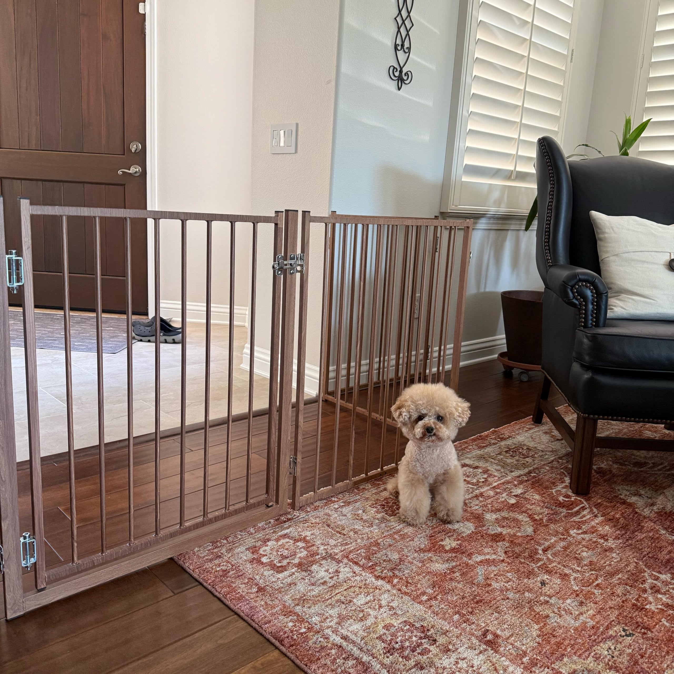 No Pawblems Free Standing Dog Gate with Door – 30'' Tall, 3-Panel Wood Pattern, Up to 78'' Wide