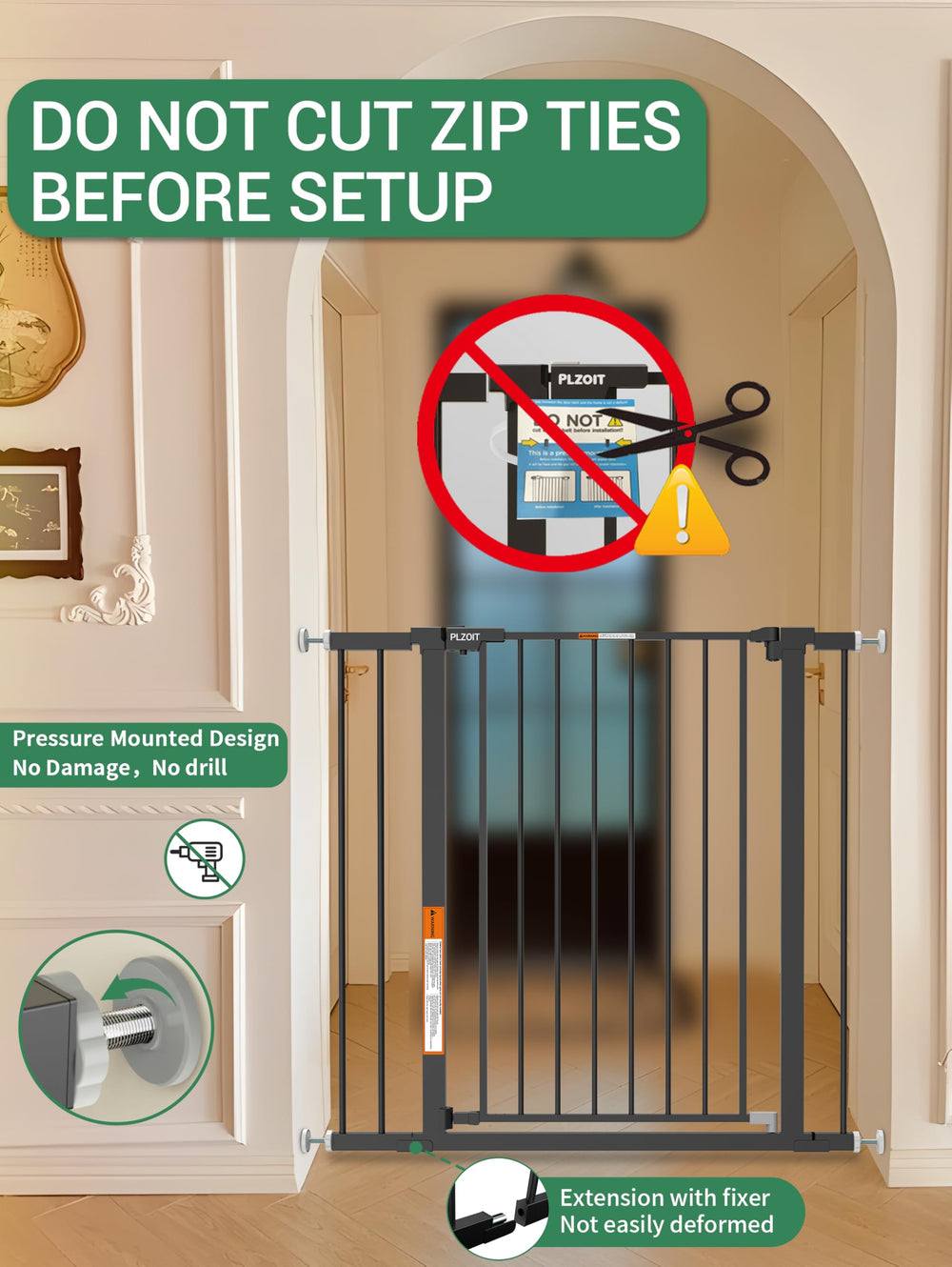 PLZOIT indoor-use gate suitable for stairs, doorways, and hallways.