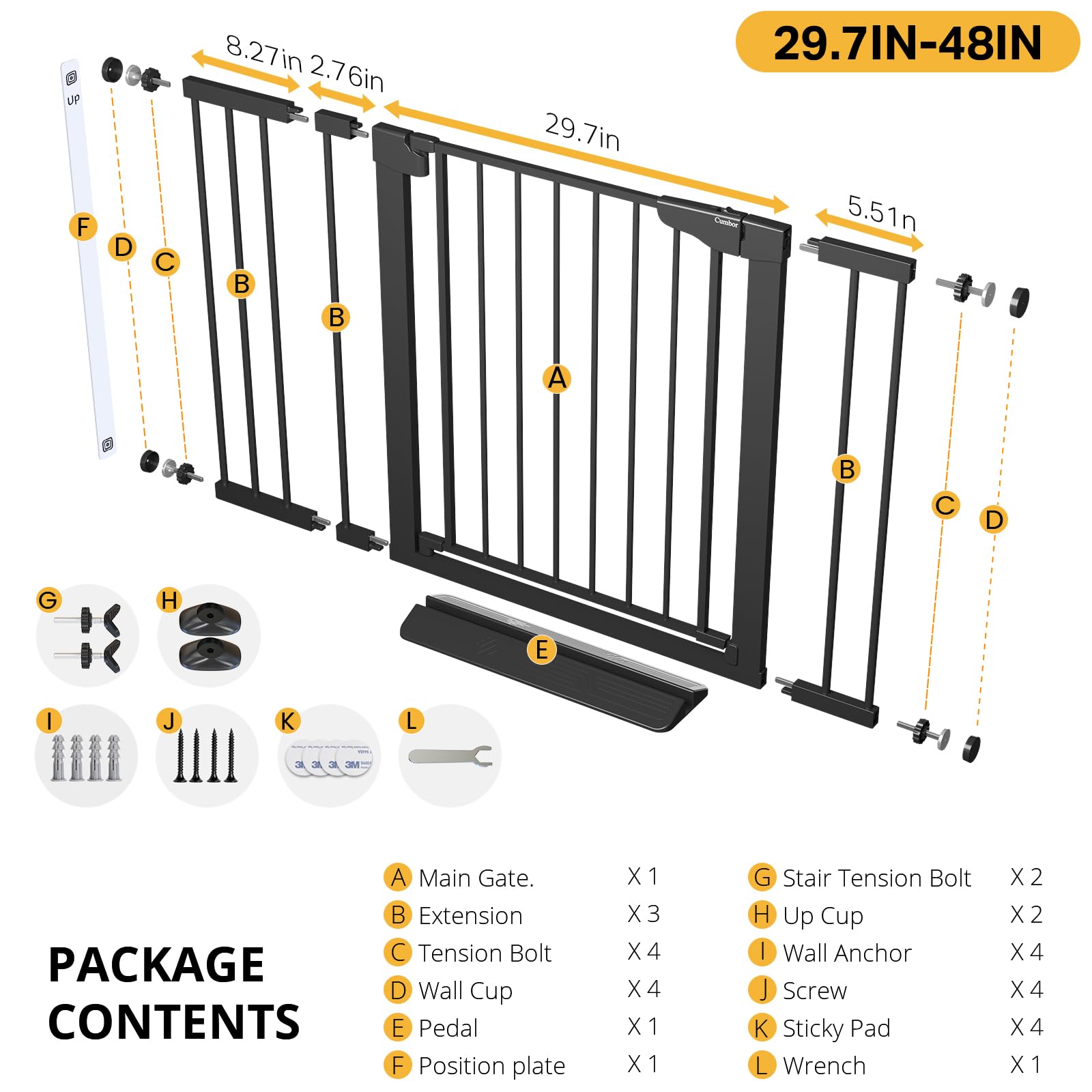 Cumbor 29.7-48 inch Baby Gate for Stairs - Auto-Close Walk-Through Door, Mom's Choice Award Winner