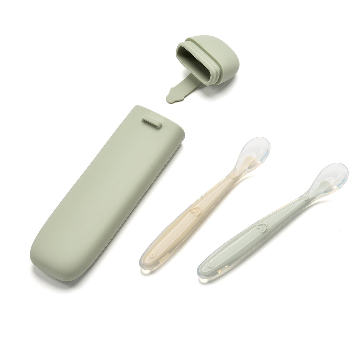 Imagination Junction silicone baby spoons with green storage box for first-stage feeding