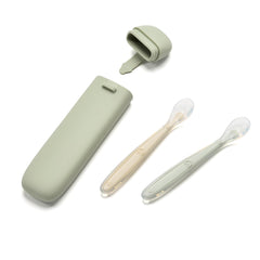 Imagination Junction silicone baby spoons with green storage box for first-stage feeding
