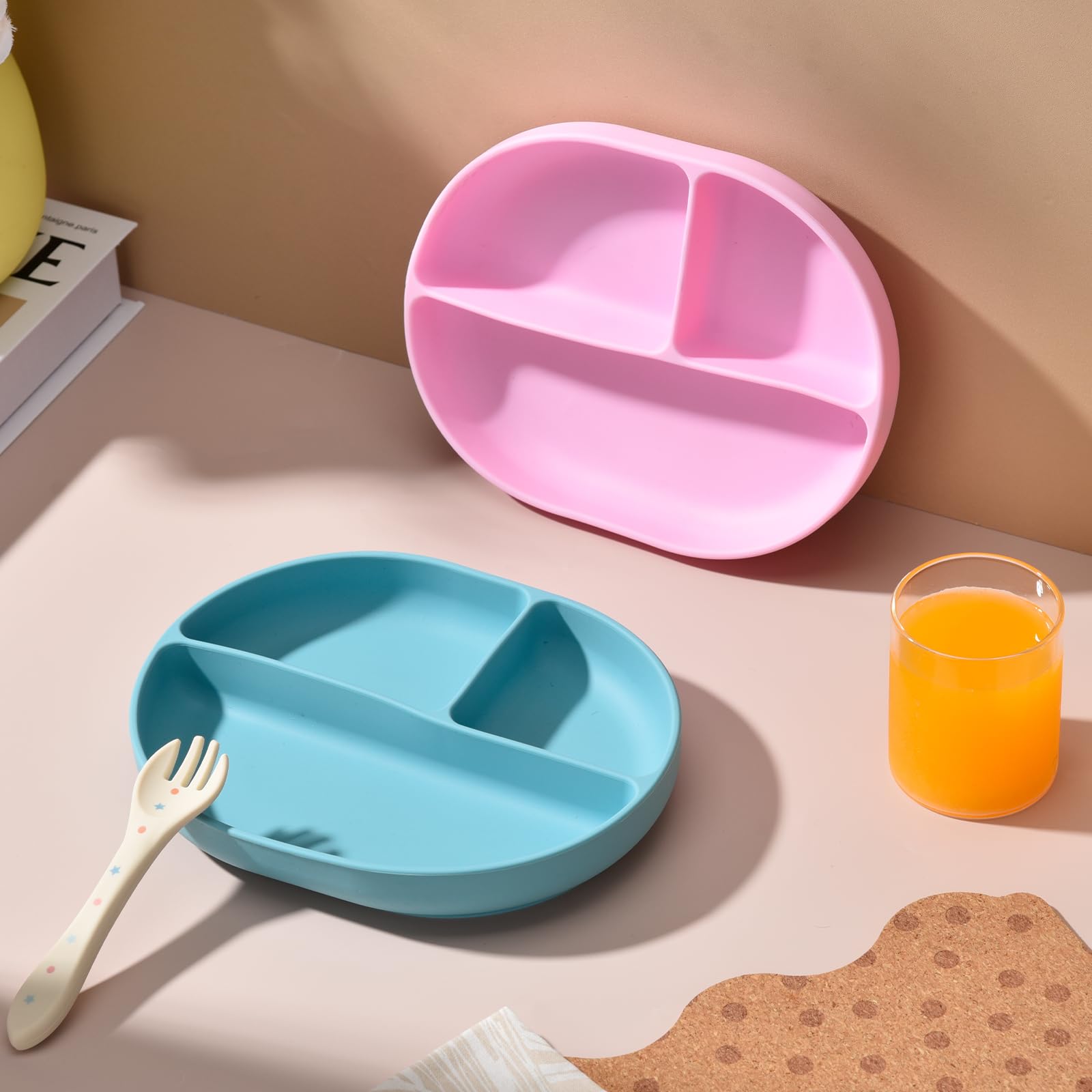 Imagination Junction silicone plate set shown on the go for travel and daycare