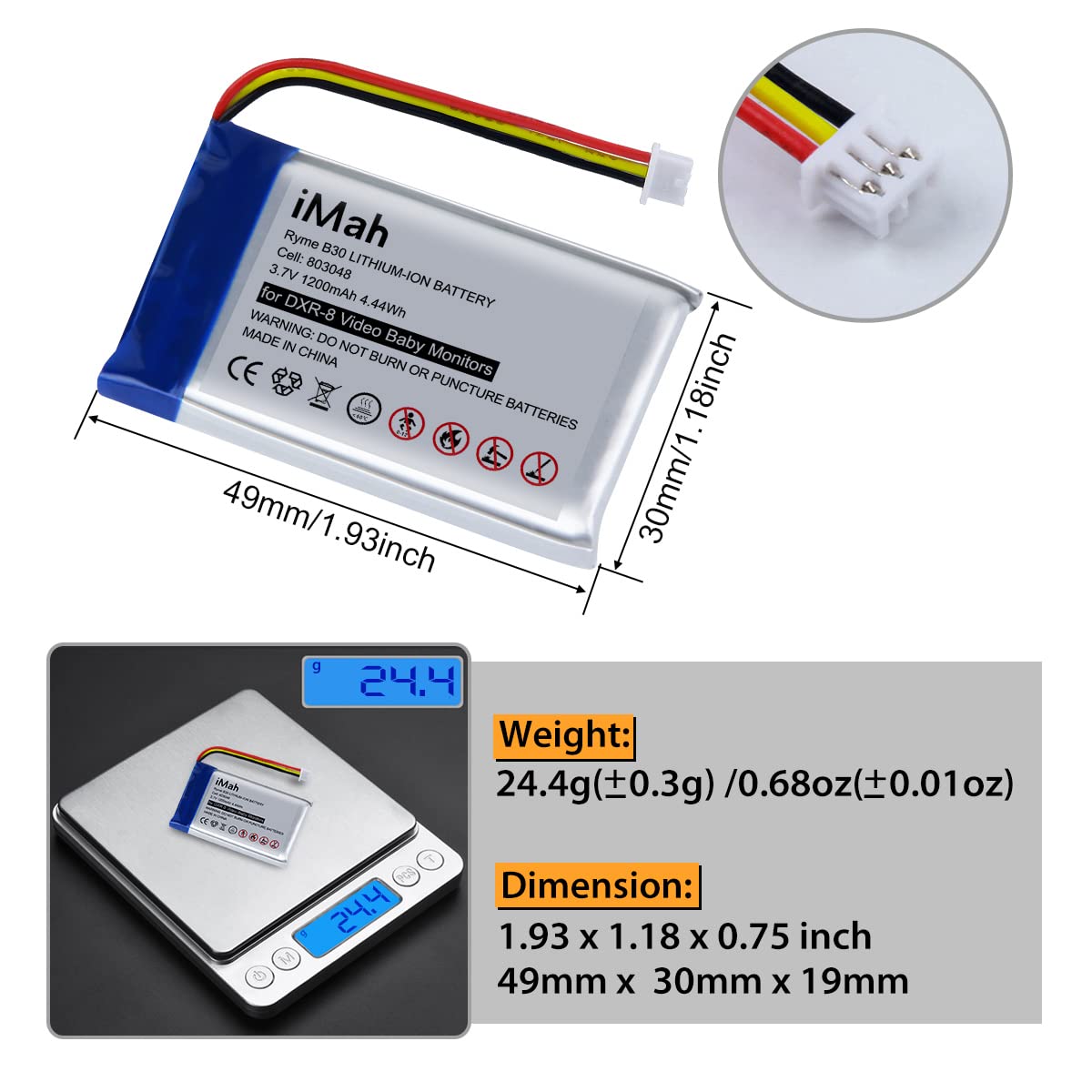 iMah 3.7V 1200mAh cell close-up showing a compact 803048 size