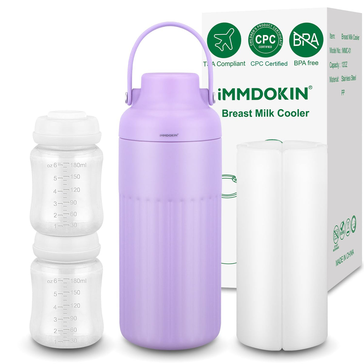 iMMDOKIN compact breast milk cooler bottle with 12oz capacity for on-the-go freshness.