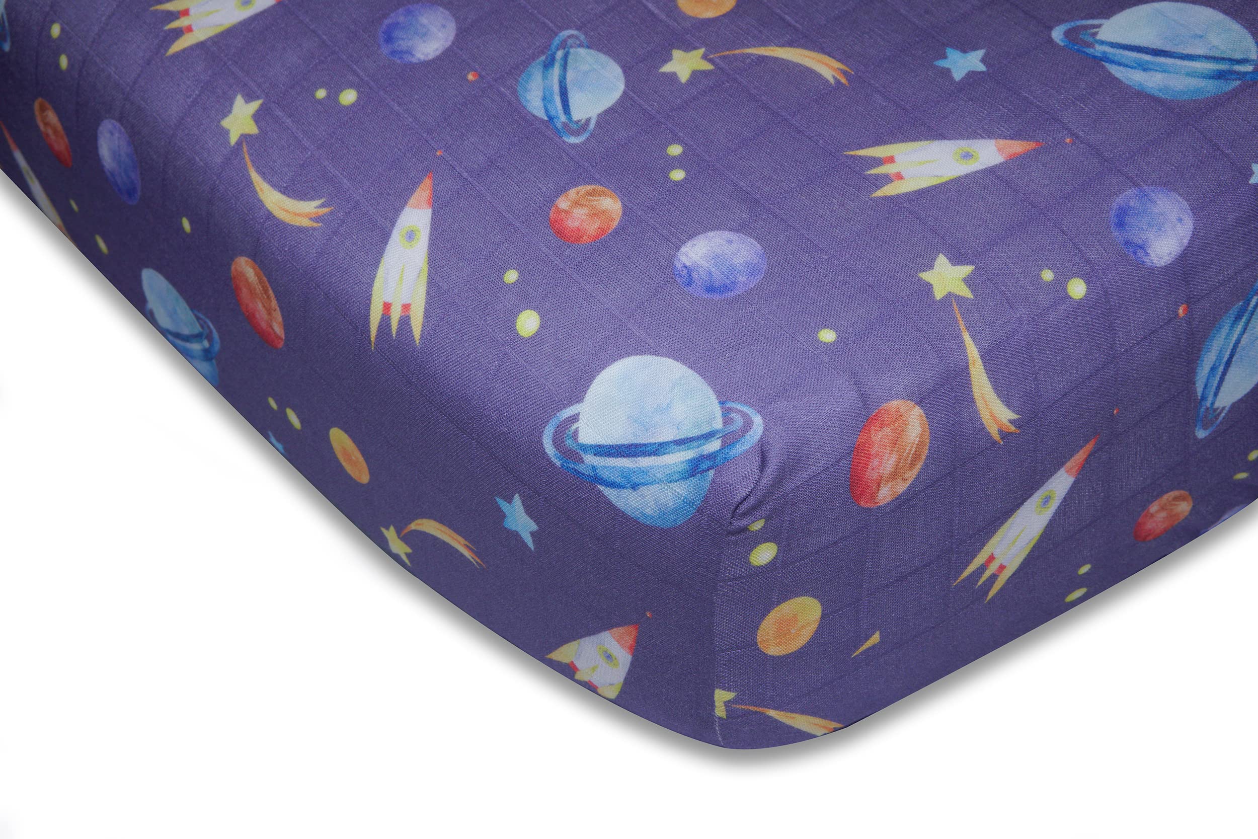 immispace Rocket crib sheet ultra-soft close-up shows plush muslin for gentle sleep