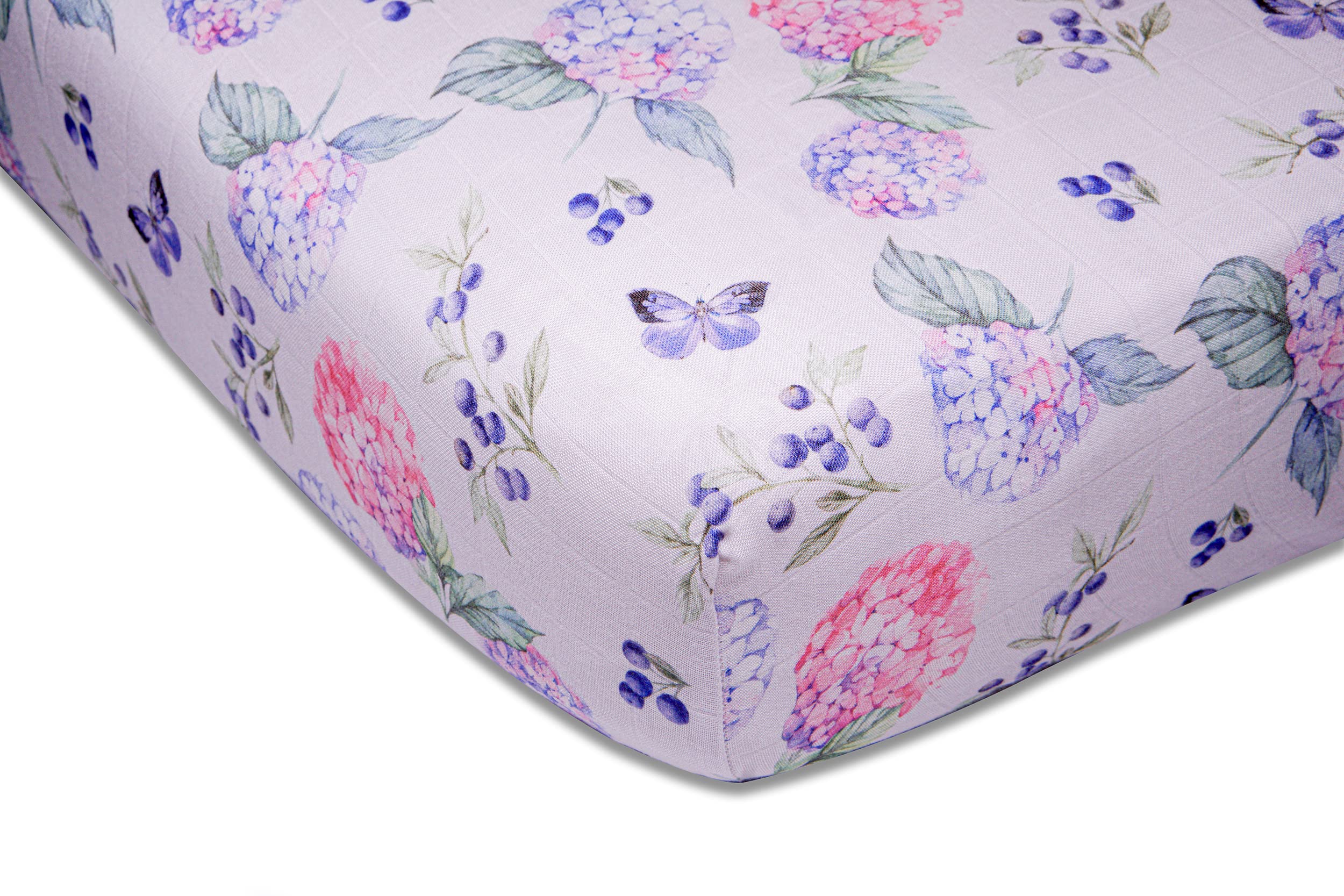 immispace Los Angeles ultra-soft muslin crib sheet hydrangea pattern shows calming nursery detail