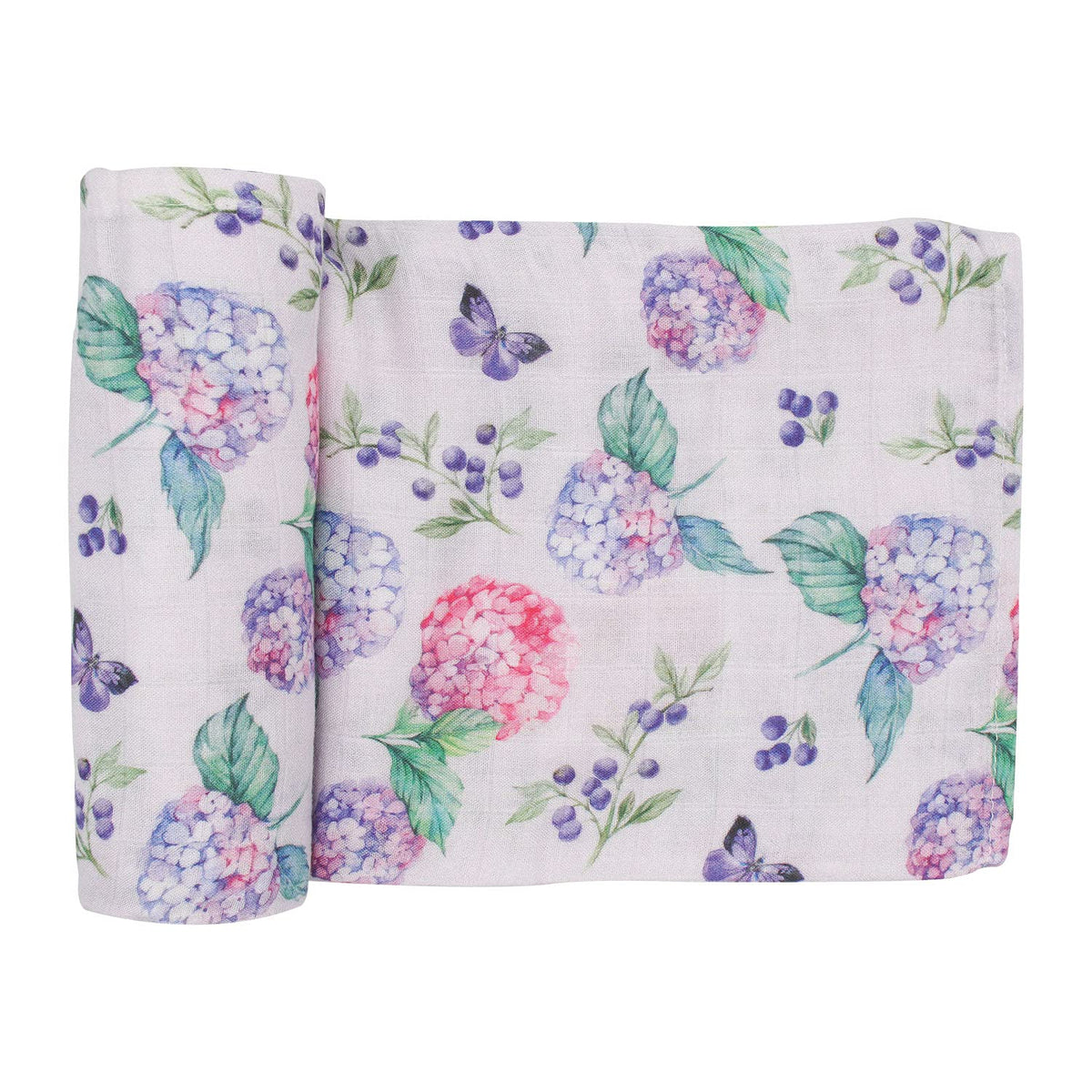 immispace Hydrangea swaddle front view shows breathable cotton-bamboo blend for cozy sleep.