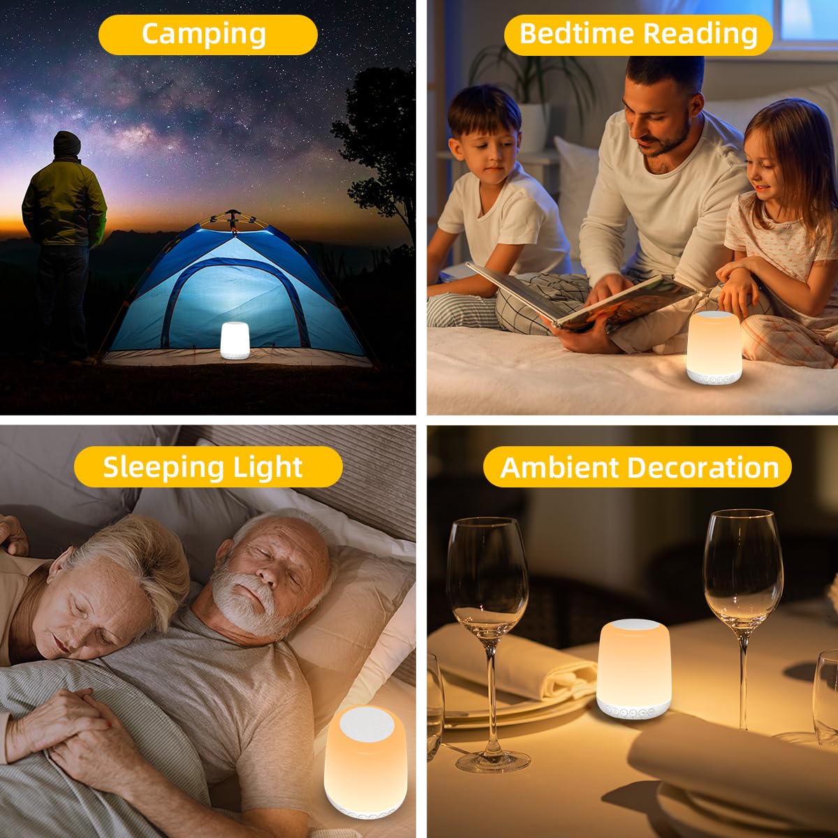 Box contents include night light, USB cable, user manual, and warranty