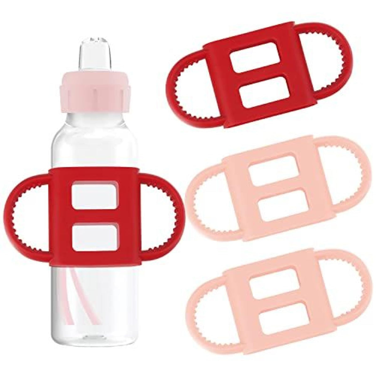 IMPRESA pink bottle grips 4-pack for secure, comfortable holds on 2.5-inch bottles.