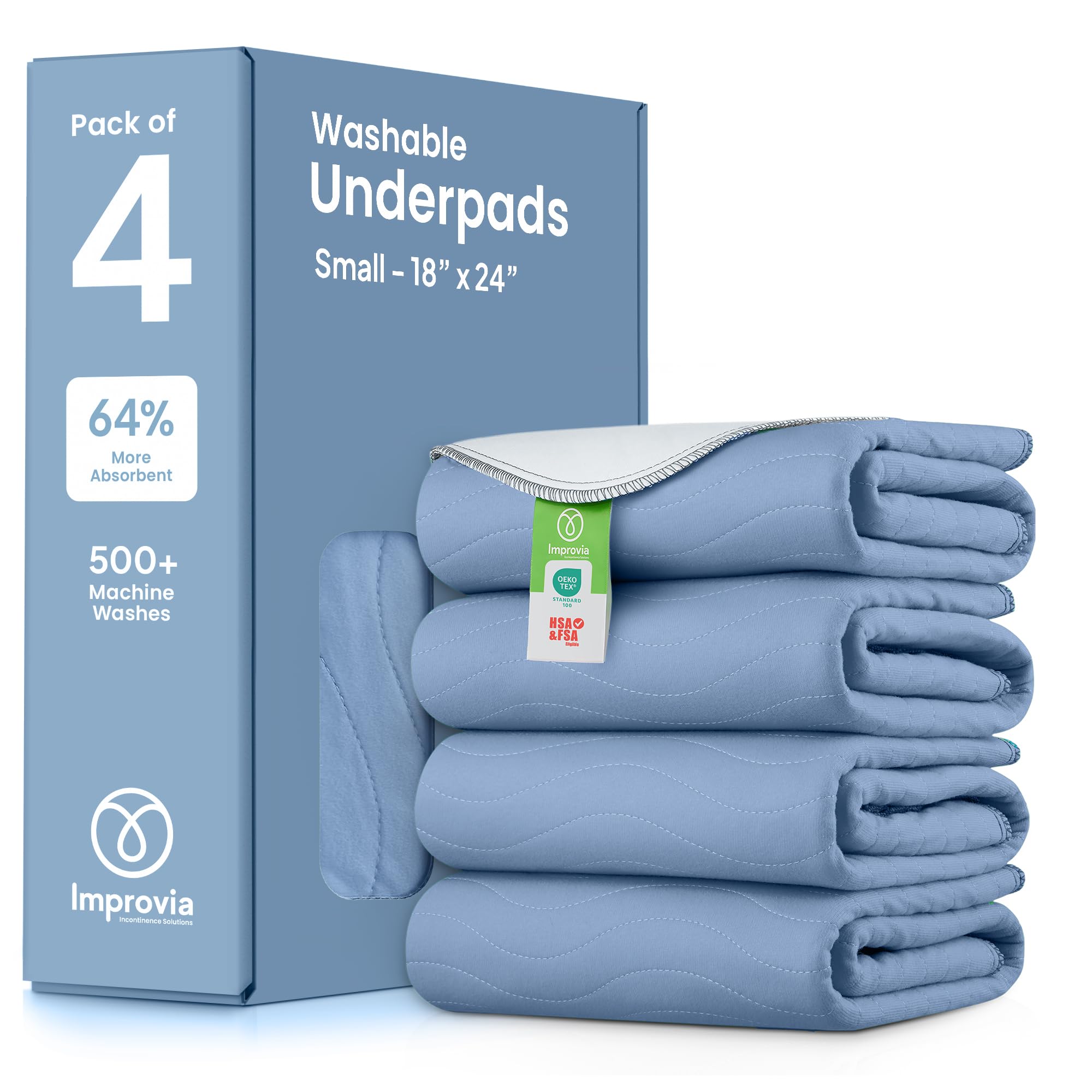 IMPROVIA washable underpad in blue, 18x24 inches, 4-pack for reliable leak protection.