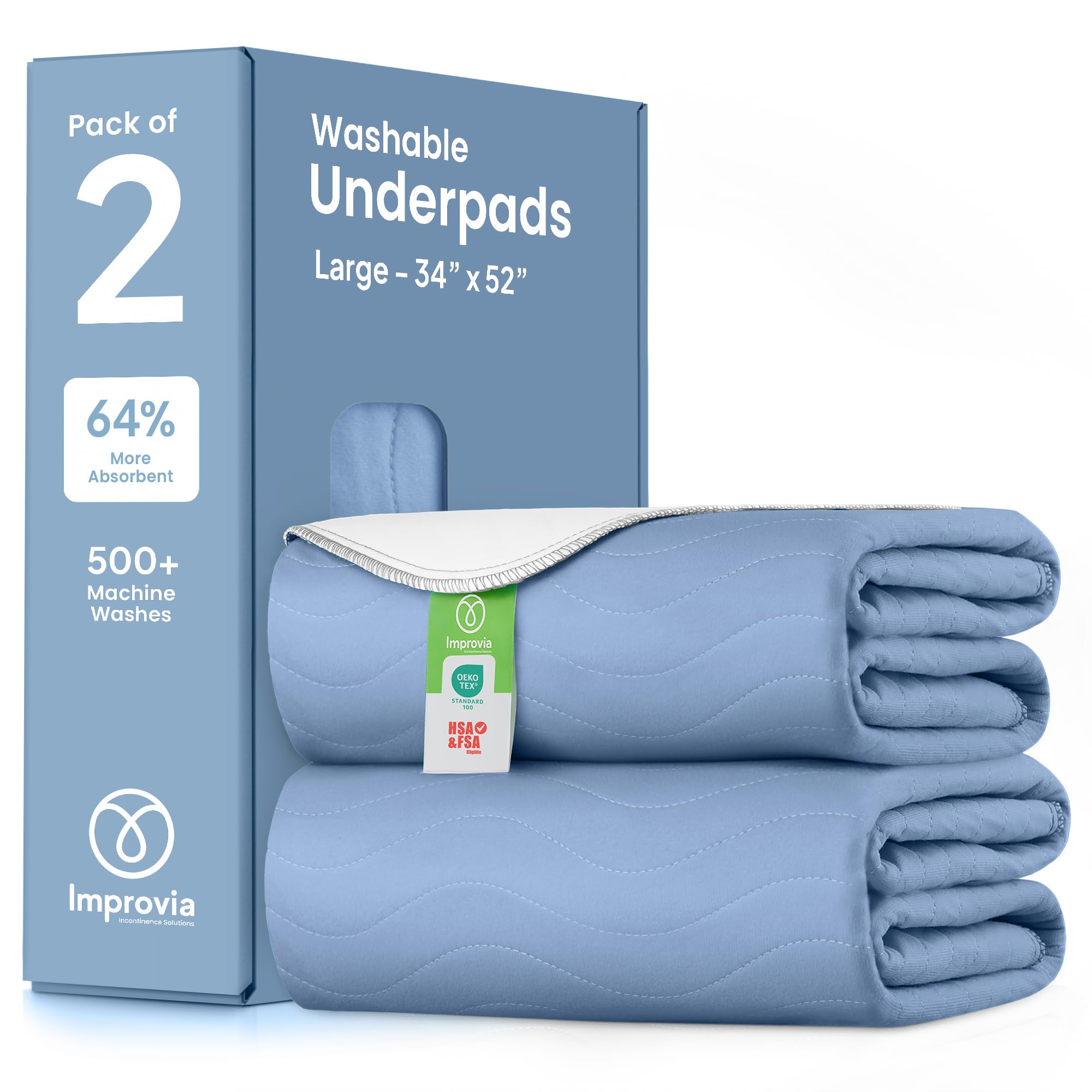 IMPROVIA washable underpad with blue edges demonstrating edge-to-edge wick protection.