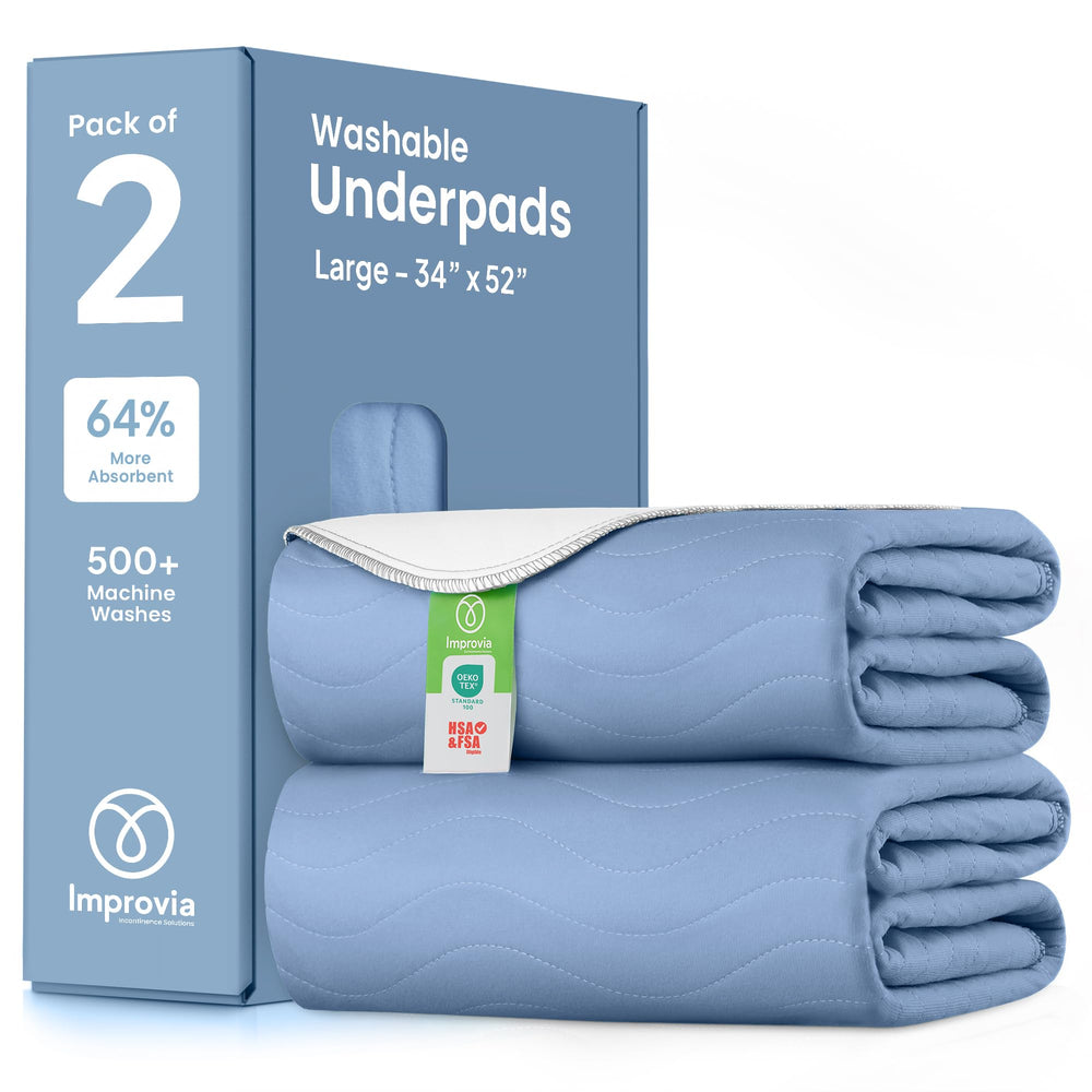 IMPROVIA washable underpad with blue edges demonstrating edge-to-edge wick protection.