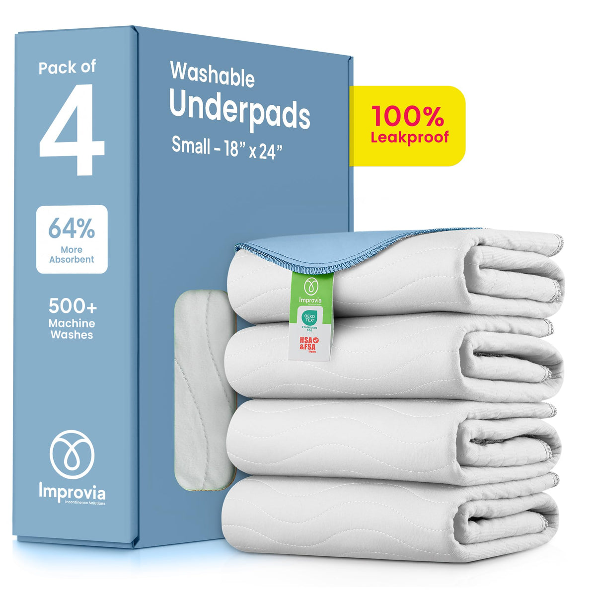 IMPROVIA washable underpad with edge-wick design for fast absorption and leak protection.