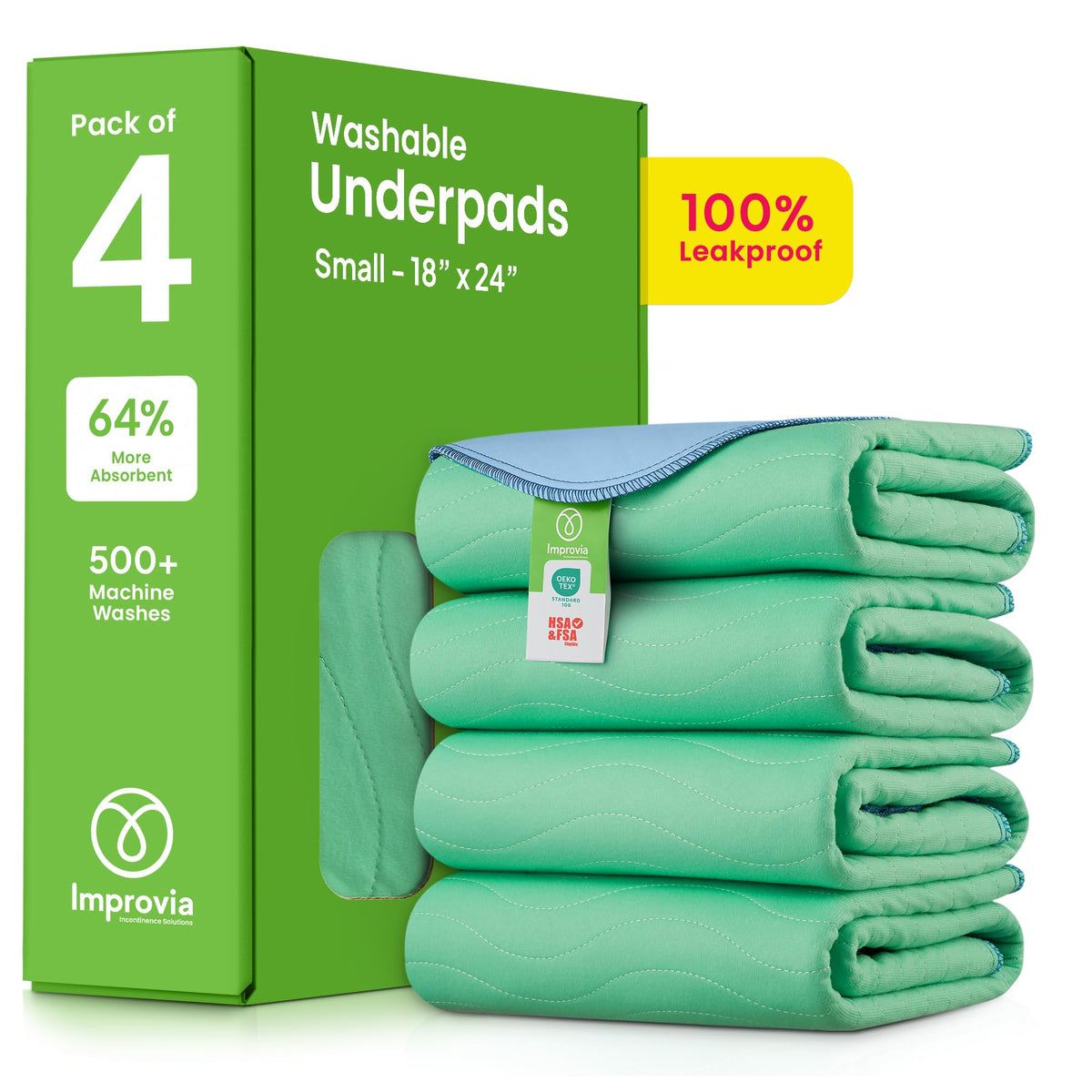 IMPROVIA Washable Underpad showing edge-wicking for leakproof protection.