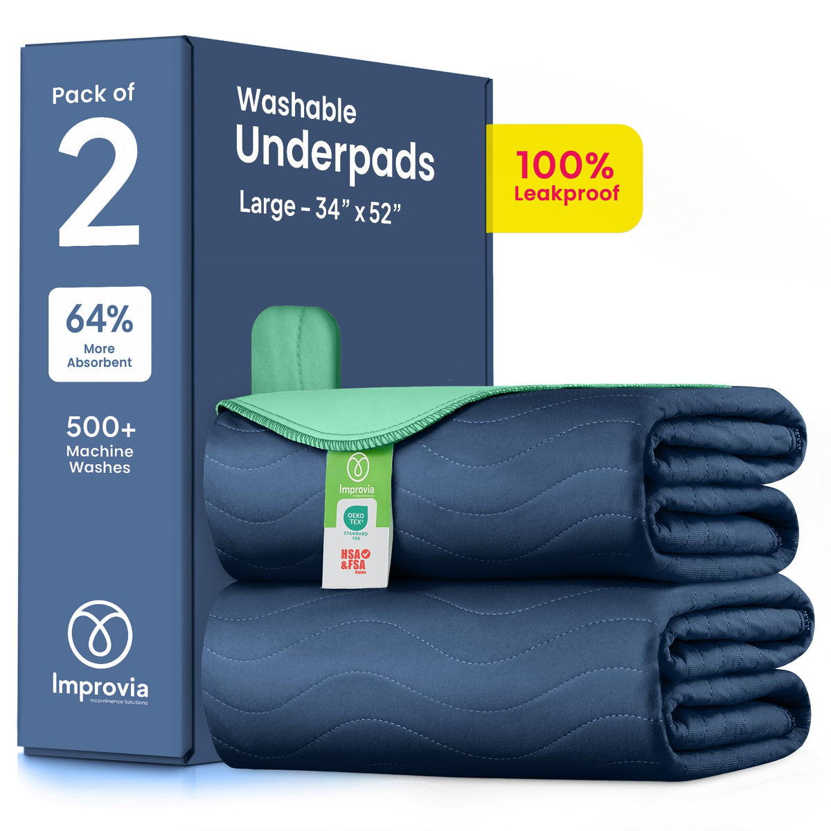 IMPROVIA washable underpad front view in navy-green protects beds and furniture.