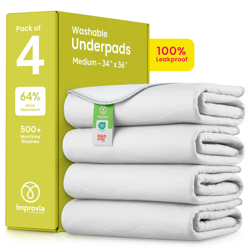 IMPROVIA washable underpads flat lay showing reusable floor protection for spills