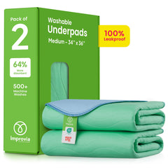 IMPROVIA washable underpads 34x36, pack of two, offer leakproof bed protection.