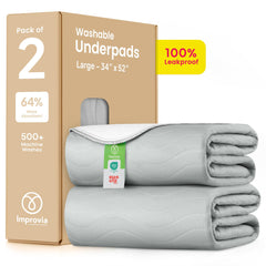 IMPROVIA washable underpads folded for storage, highlighting edge-wicking and leak protection.