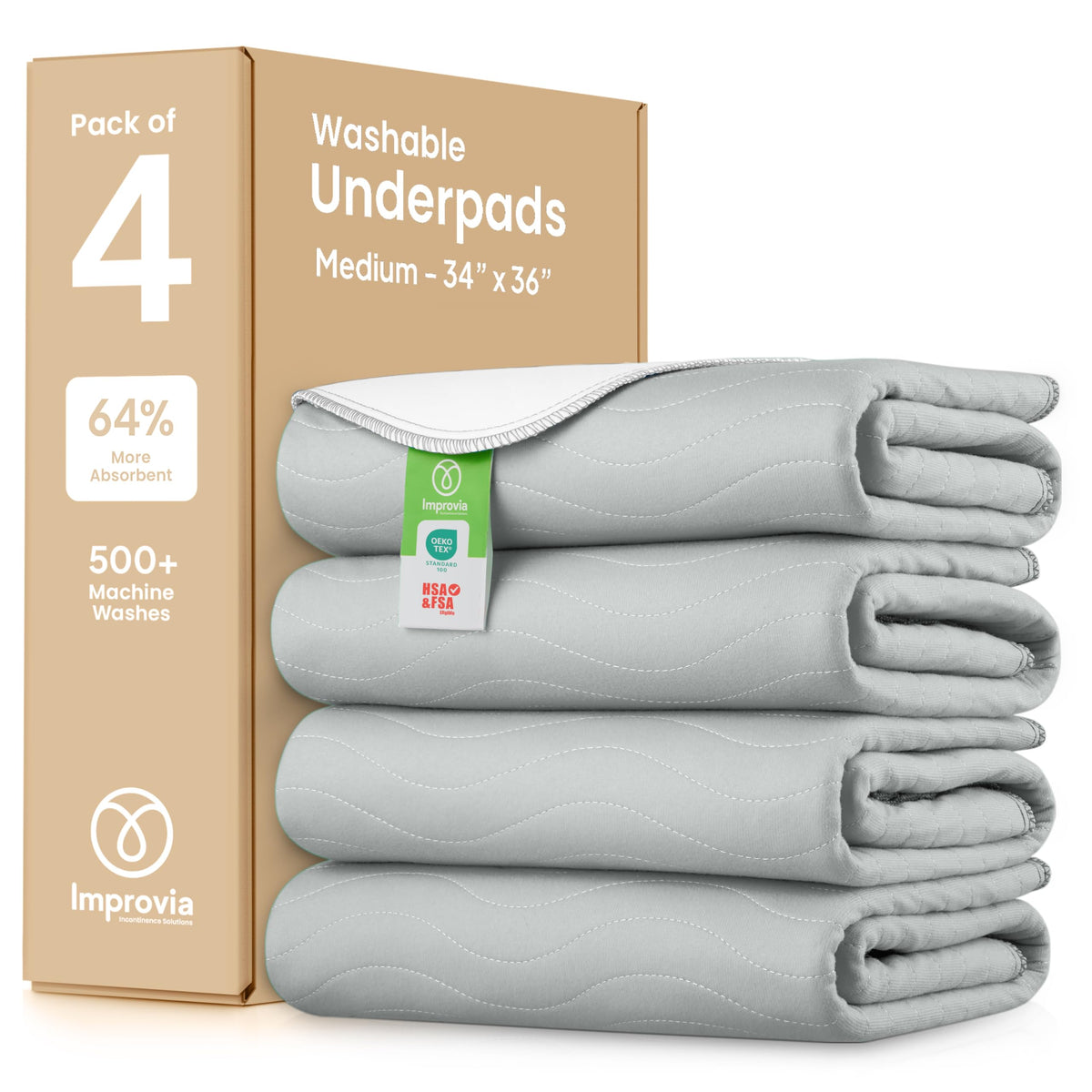 IMPROVIA washable underpads gray flat lay showing broad coverage for daily protection
