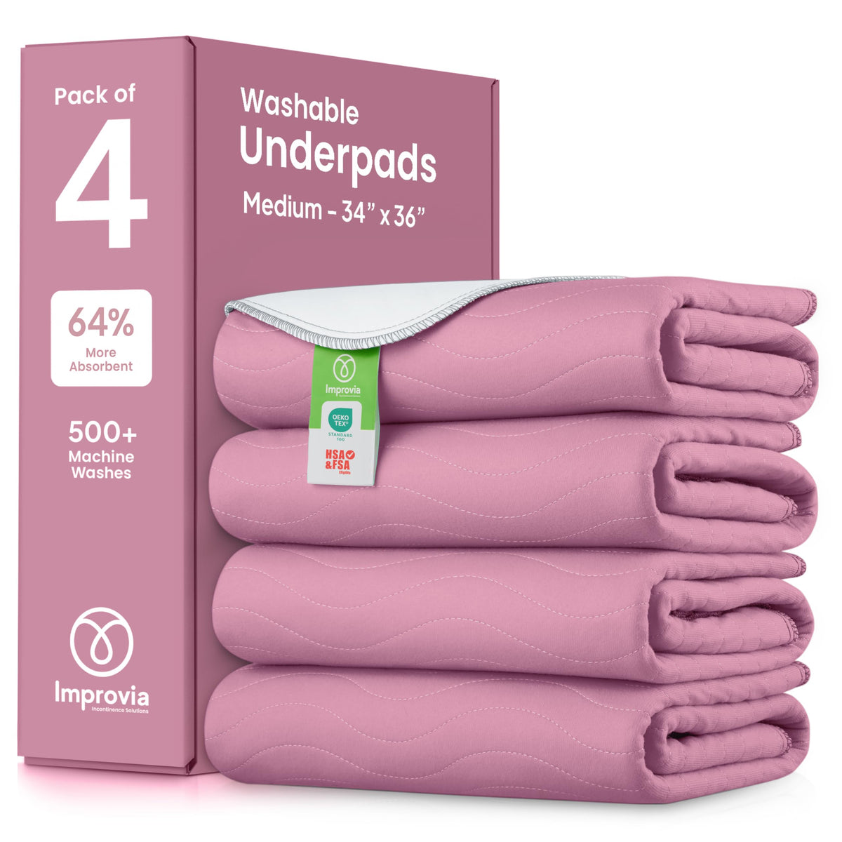 Improvia washable underpads in pink and white provide durable bed protection.