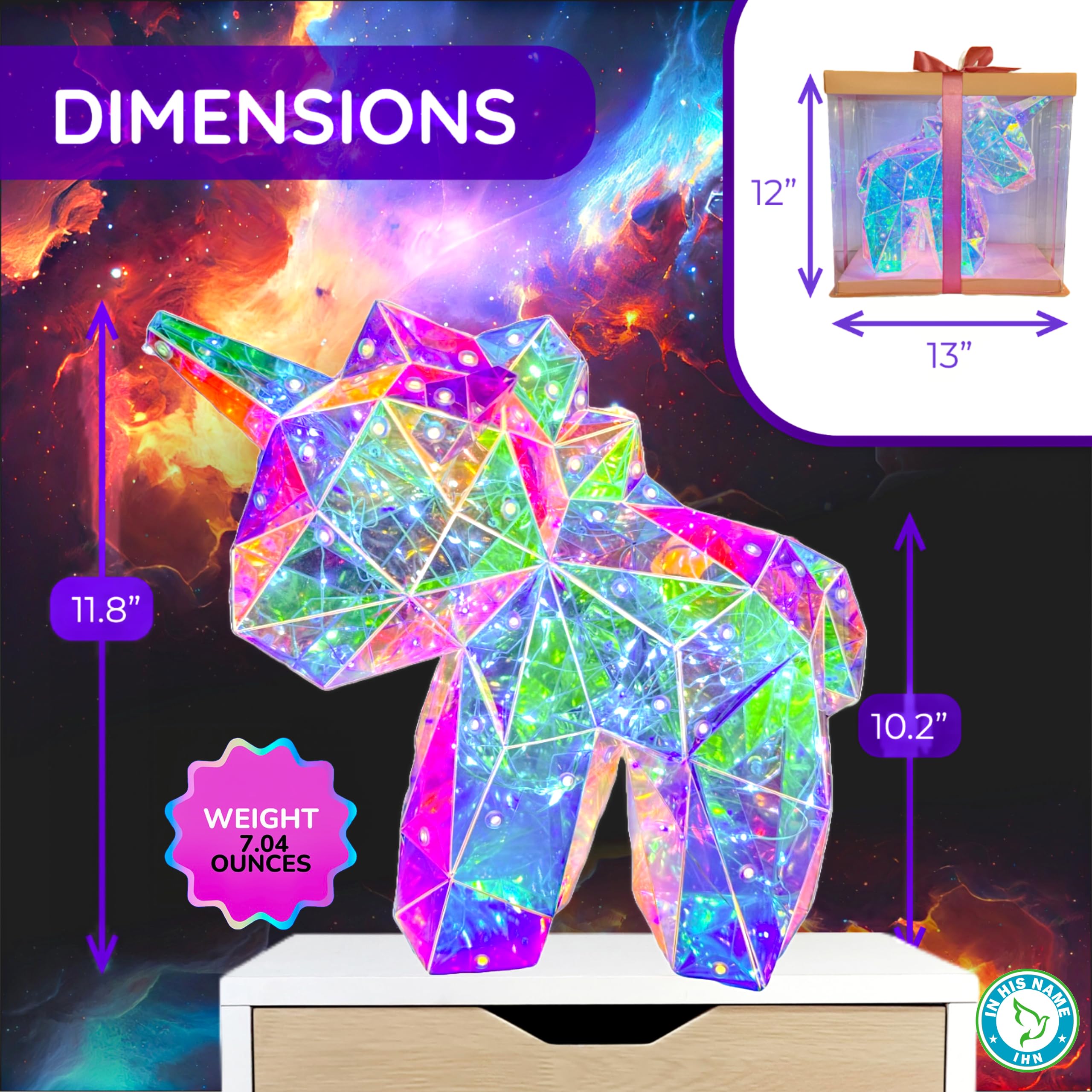 In His Name unicorn night light enhances room decor with radiant colors.