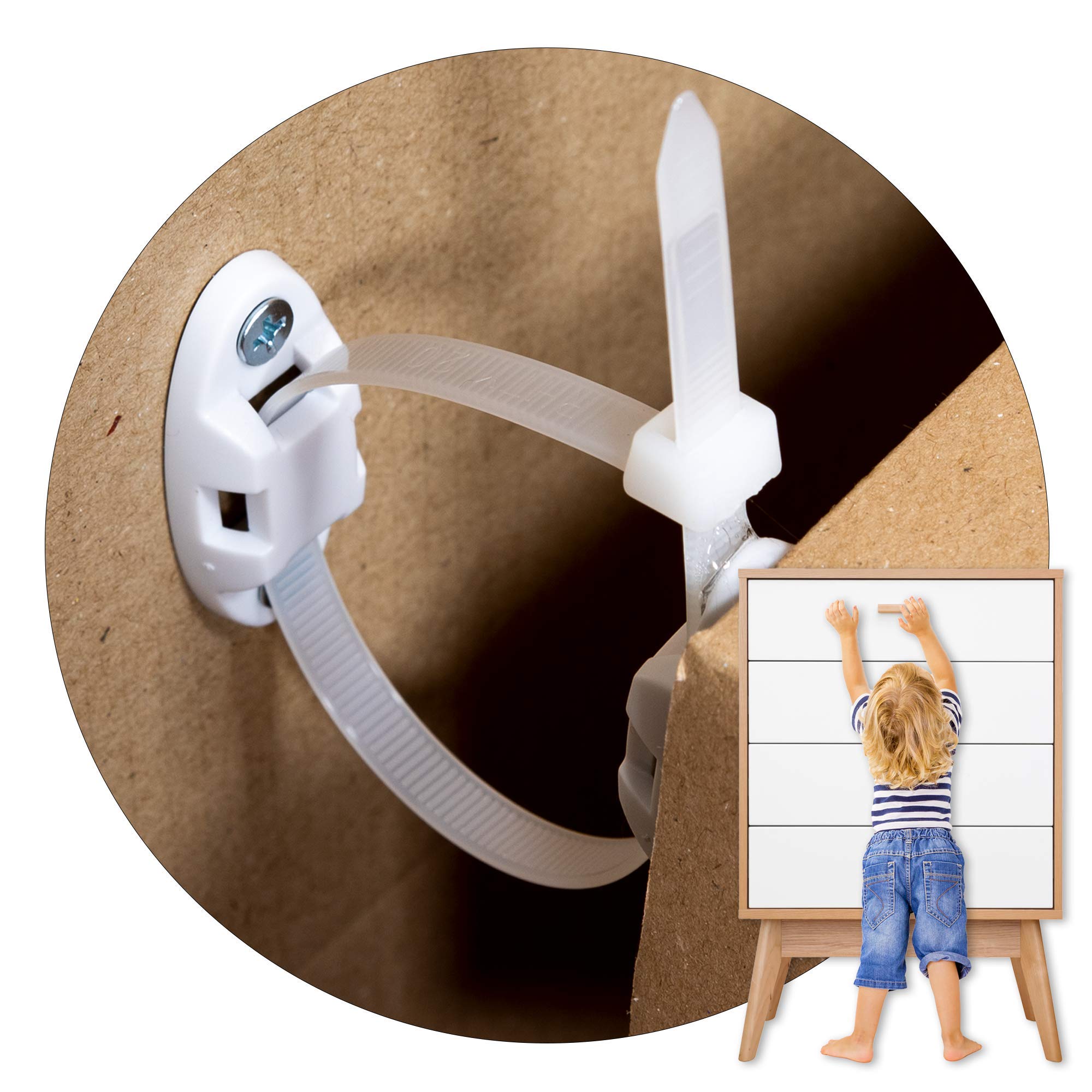 Inaya 12-pack furniture anchors securing a bookshelf to the wall for childproofing.