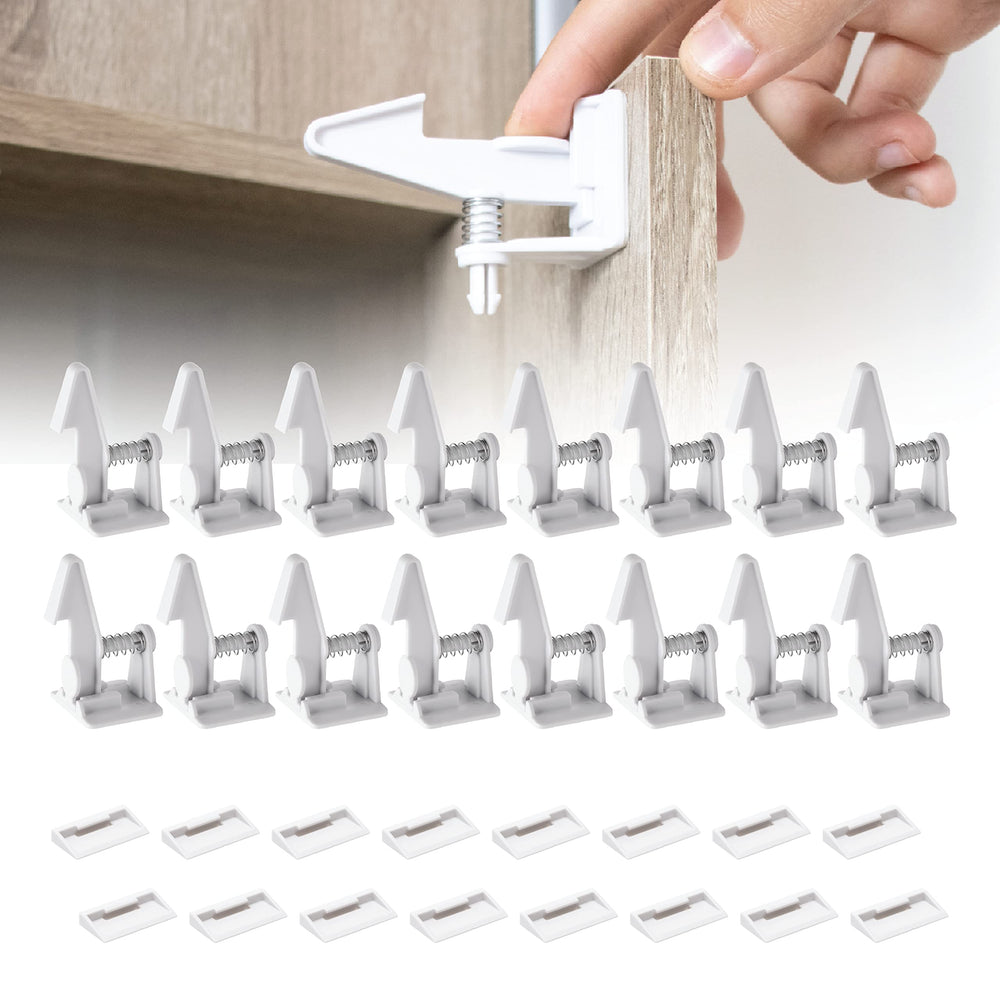 Inaya 16-pack cabinet locks show seamless design on a kitchen cabinet for child safety.