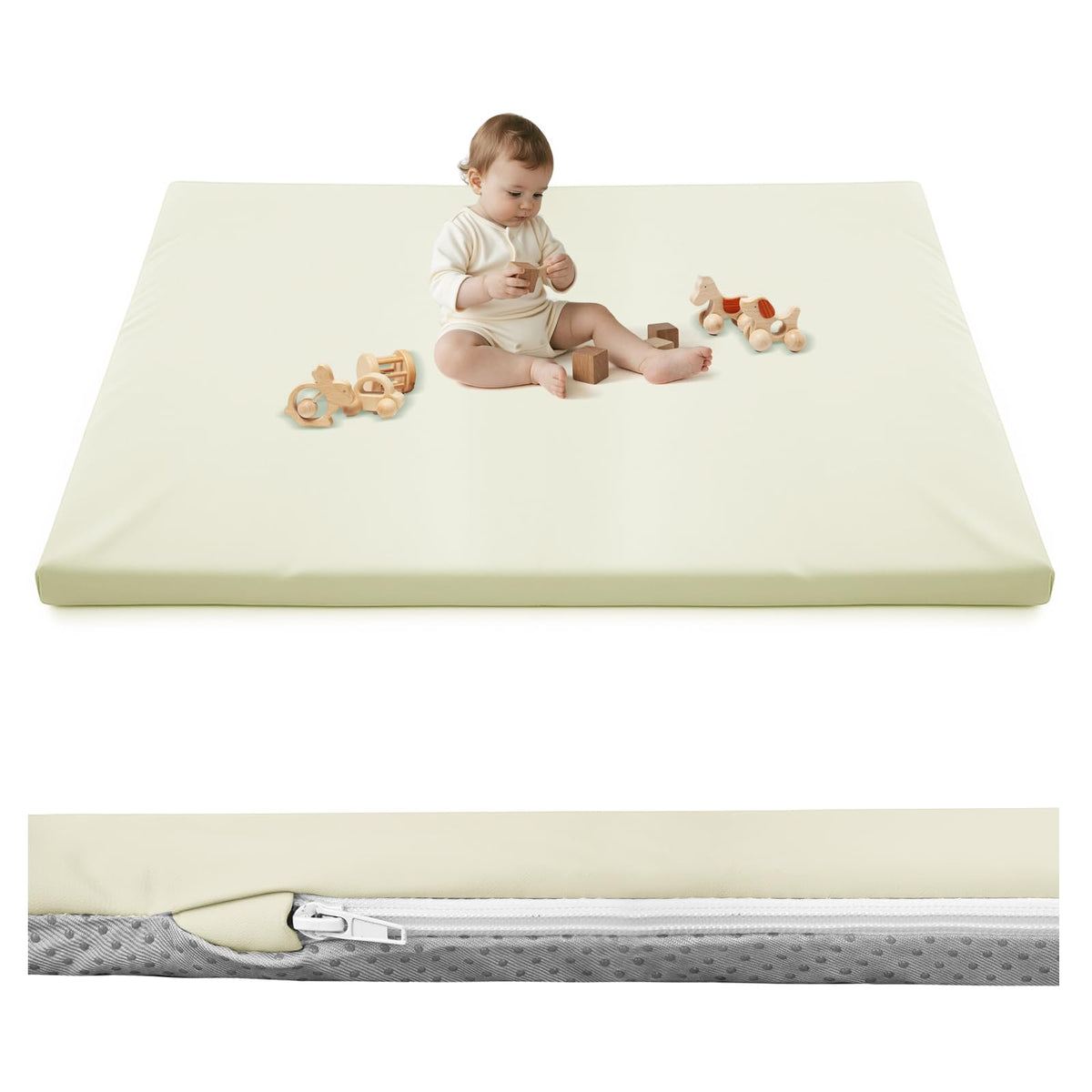 Inaya Baby Play Mat vegan leather beige closeup highlights soft surface for delicate skin