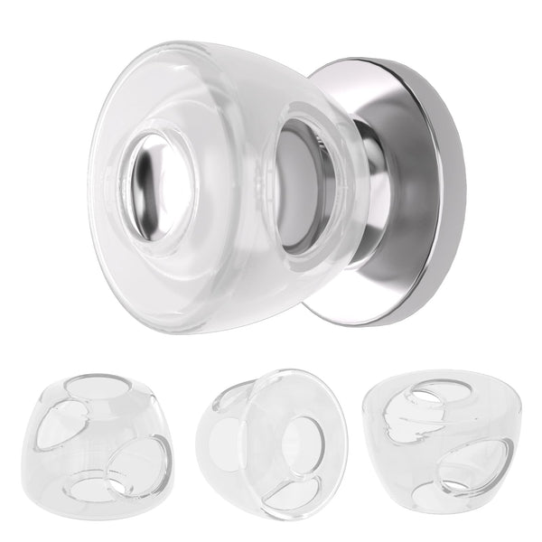 Inaya 4-pack door knob cover packshot, clear and safe for childproofing.