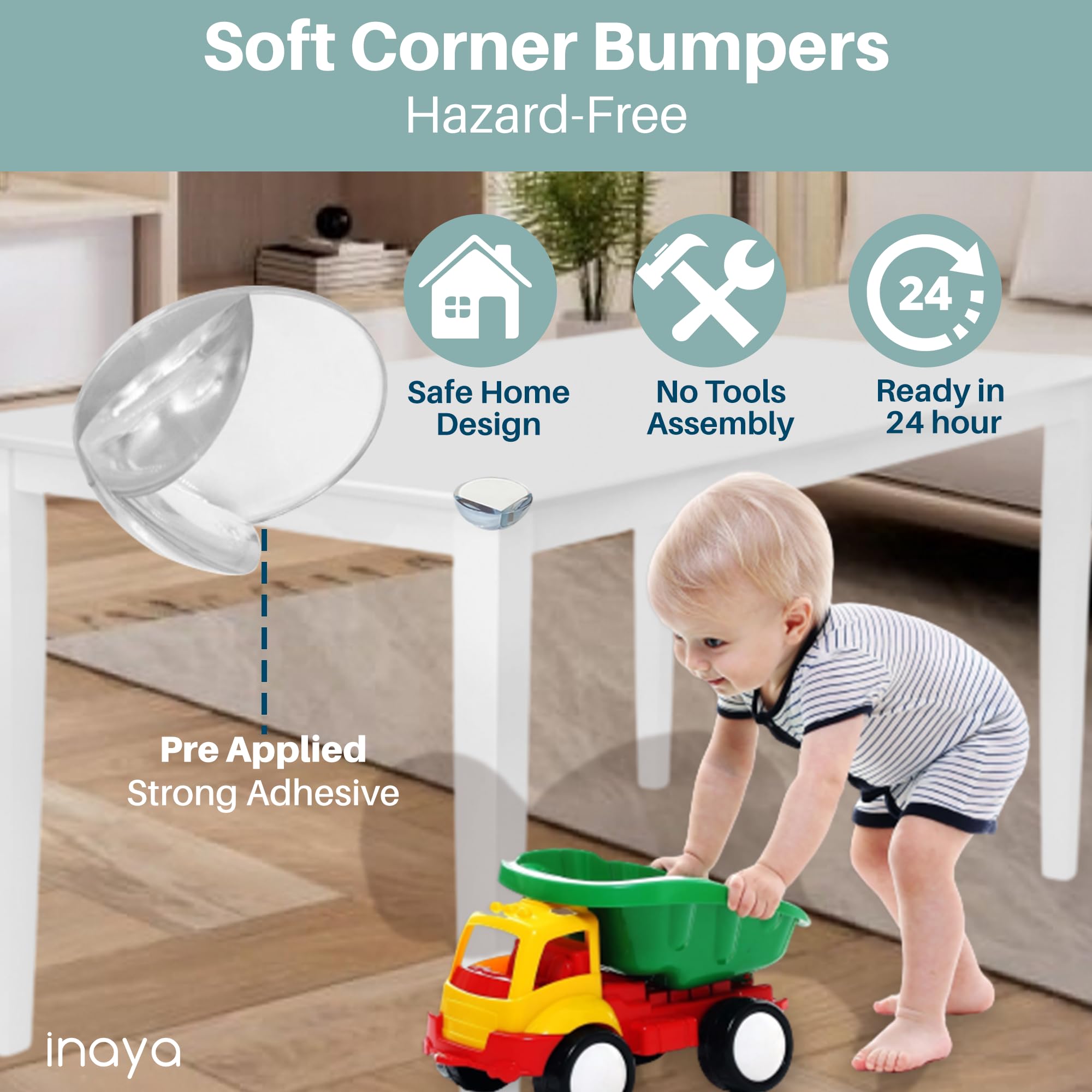 Inaya corner bumpers soften sharp furniture edges for safer play areas.