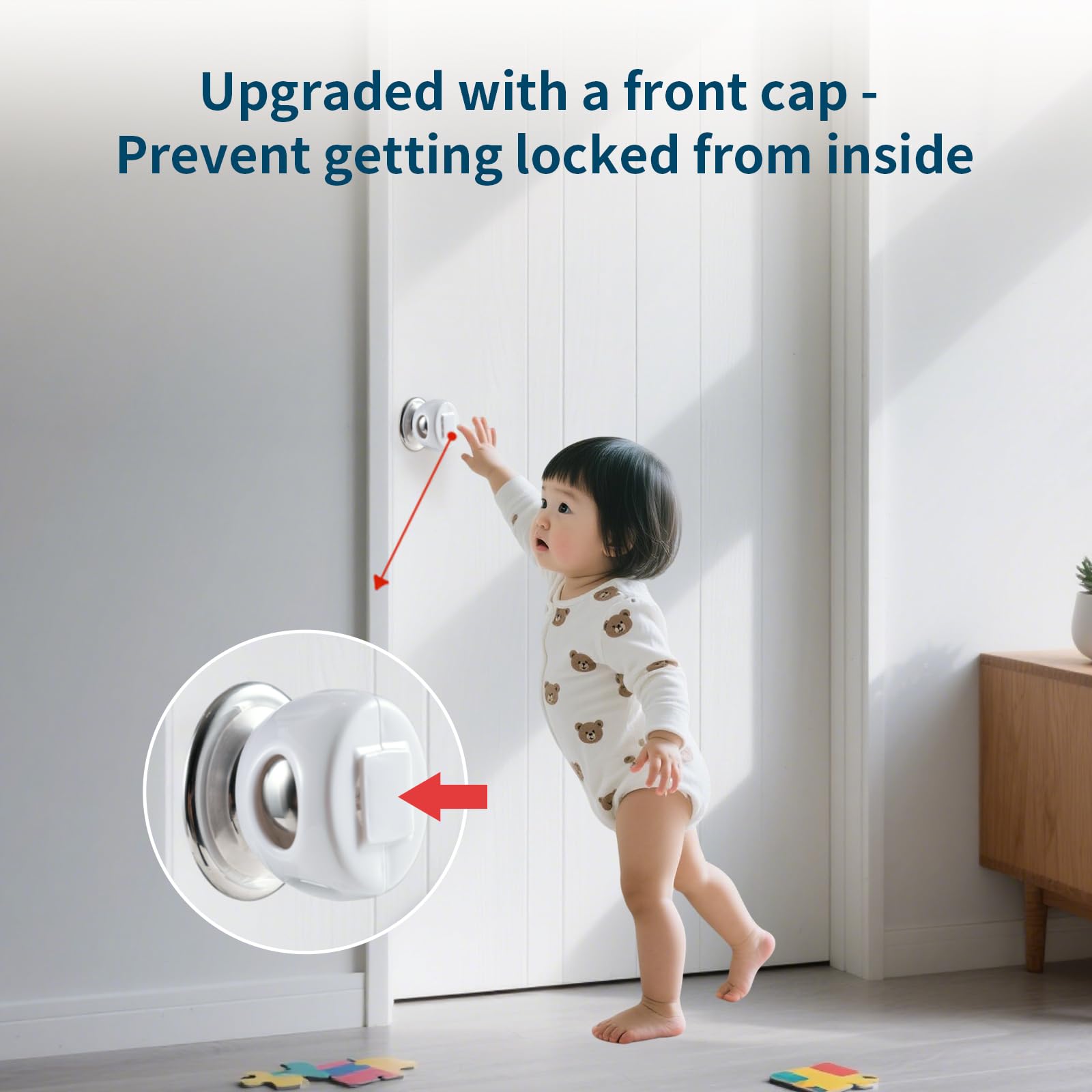 Inaya universal-fit door knob safety cover on most round knobs enables easy baby proofing.