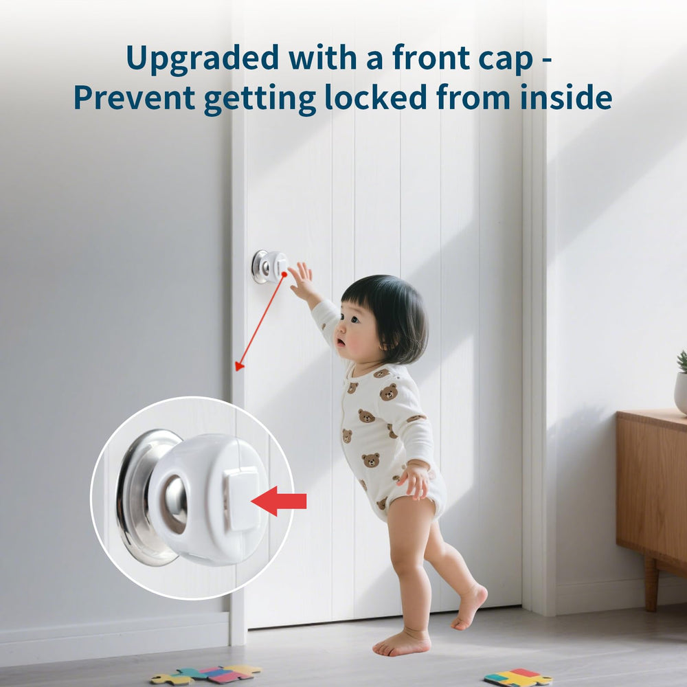 Inaya universal-fit door knob safety cover on most round knobs enables easy baby proofing.