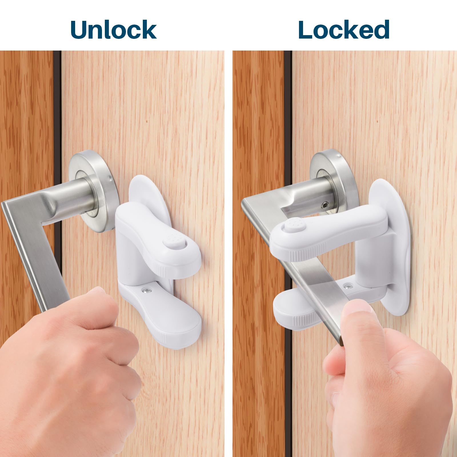 Inaya door lever lock one-way rotation demonstrates easy adult access while limiting child entry.