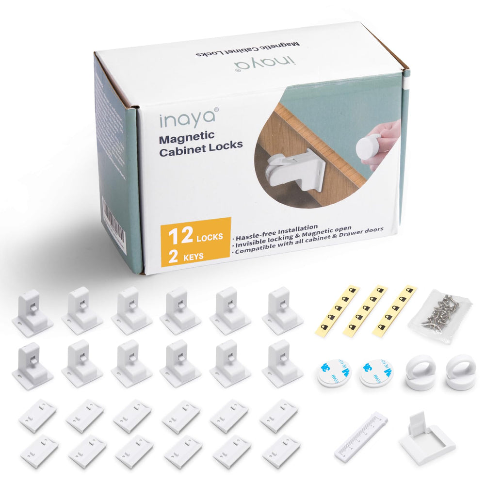 Inaya magnetic cabinet locks with 12 locks and 2 keys secure cabinets from curious kids.
