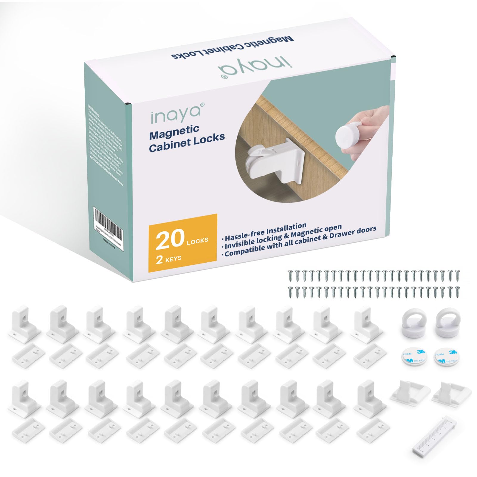 Inaya magnetic cabinet locks with installation cradle for quick, drill-free setup.