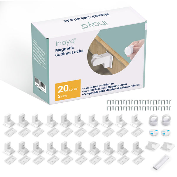 Inaya magnetic cabinet locks with installation cradle for quick, drill-free setup.