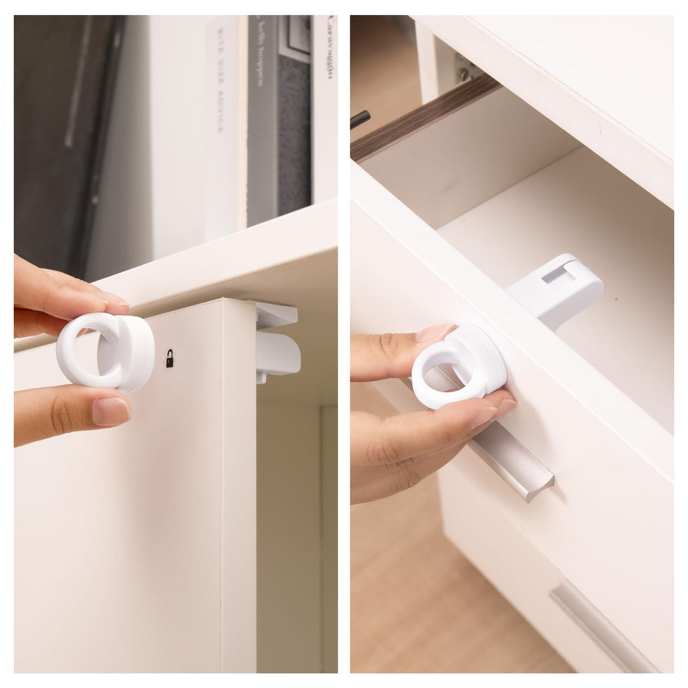 Inaya magnetic drawer lock close-up shows secure, tool-free operation.