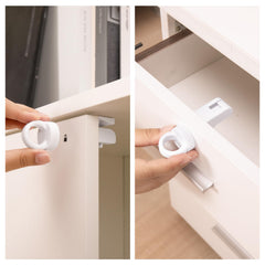 Inaya magnetic drawer lock close-up shows secure, tool-free operation.
